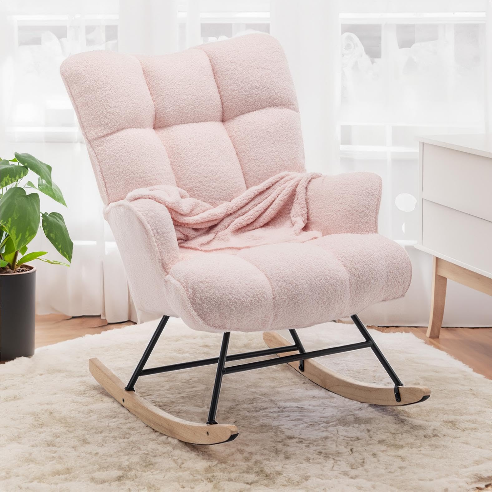 SAETSFEG Rocking Chair Nursery Teddy Upholstered Glider Rocker Rocking Accent Chair Padded Seat with High Backrest Armchair Comfy Side Chair for Living Room Bedroom Offices (Ivory Teddy)