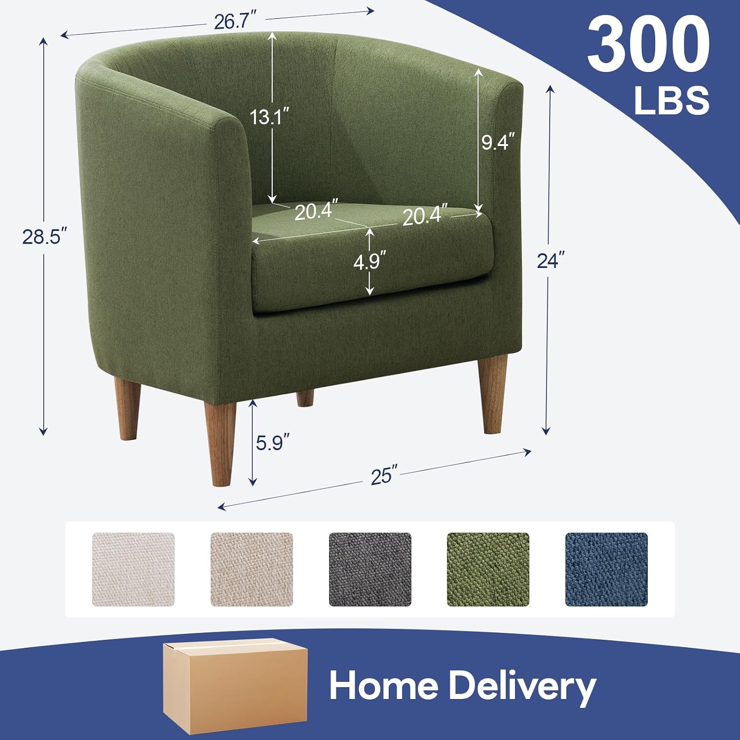 Green Padded Barrel Armchair, Comfy Small Reading Chair for Indoor Use
