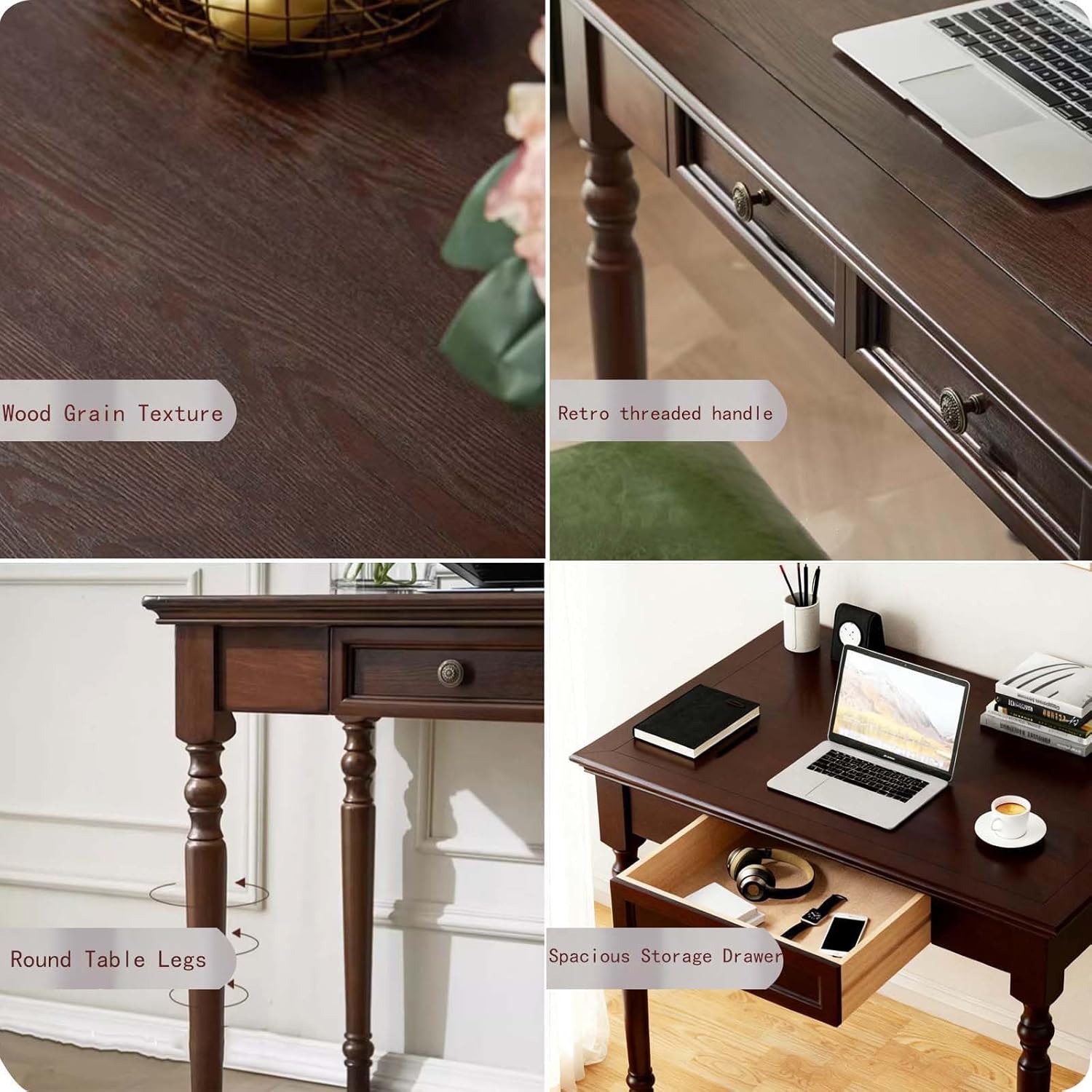 Walnut Writing Desks with Drawers, 35" Solid Wood French Country Style Computer Desk for Home Office, Living Room Study or Workspace