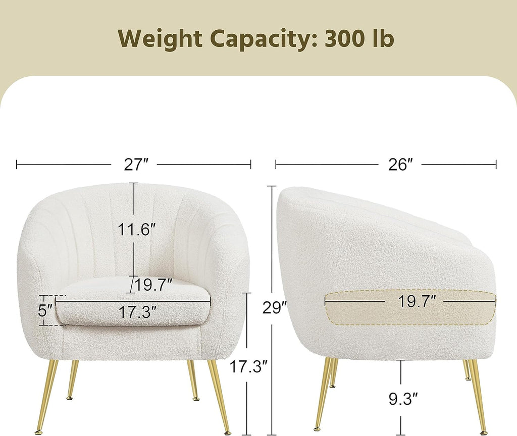 Yaheetech Sherpa Fabric Accent Chair, Modern Cozy Vanity Chair with Gold Metal Legs, Boucle Fabric Armchair with Removable Seat Cushion for Living Room Bedroom Office Guest Room, Ivory