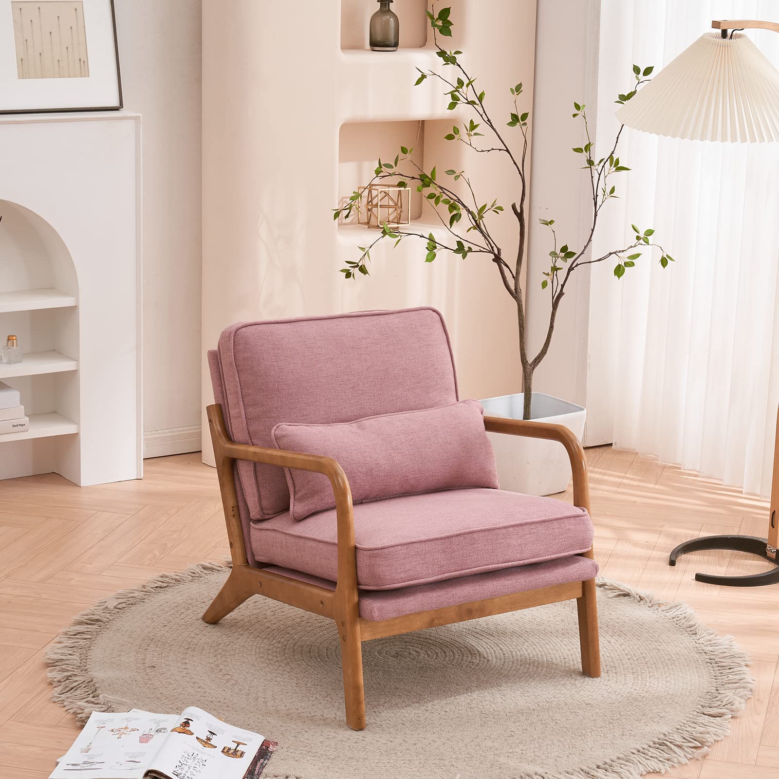 Beige Linen Mid Century Accent Chair, Solid Wood Frame Padded Lounge Armchair for Living Room Bedroom