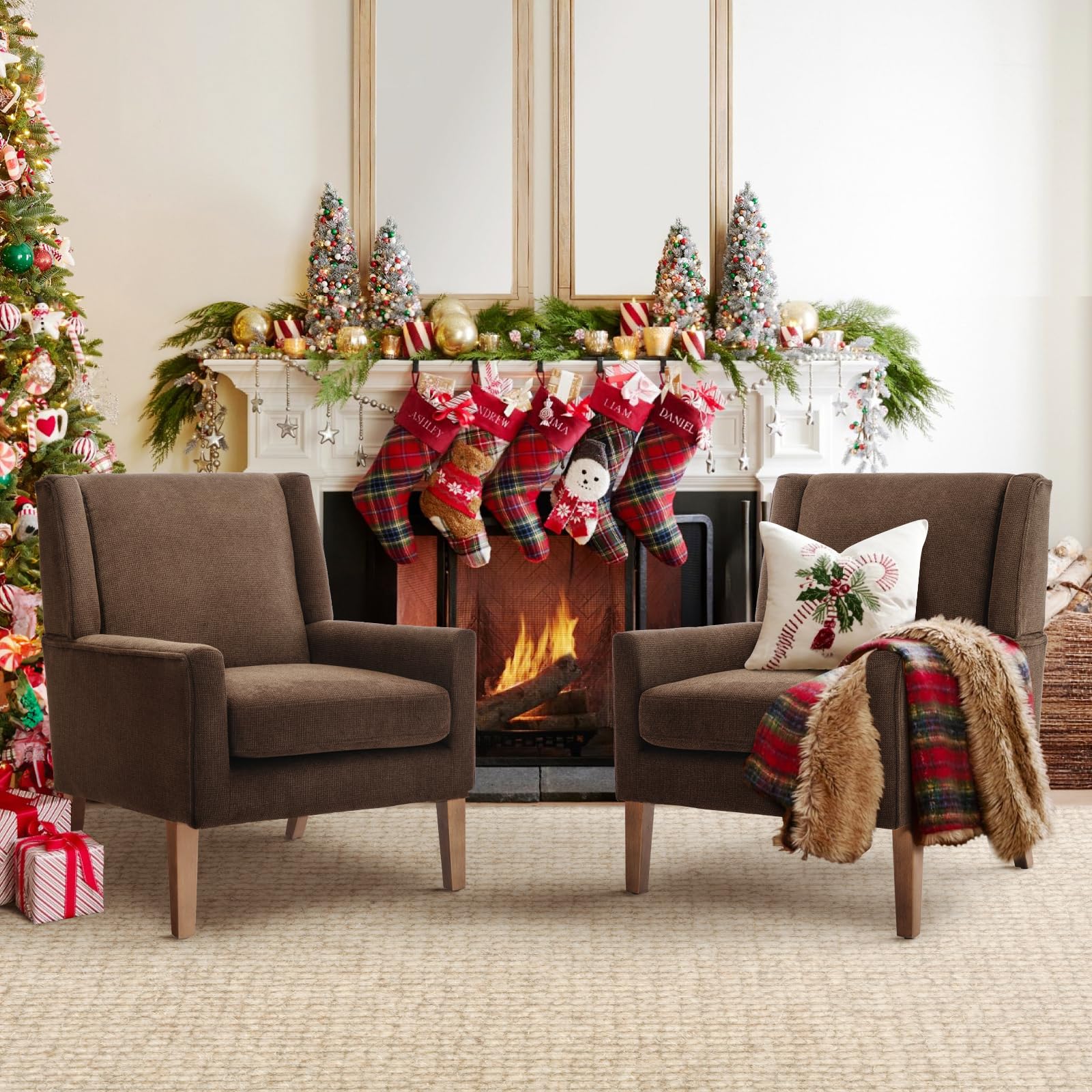 COLAMY Modern Wingback Living Room Chair, Upholstered Fabric Accent Armchair, Single Sofa Chair with Lounge Seat and Wood Legs for Office/Bedroom/Reading Spaces, Beige