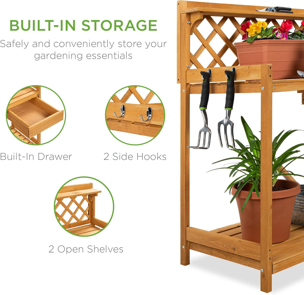 Best Choice Products Outdoor Garden Potting Bench, Wooden Workstation Table w/Cabinet Drawer, Open Shelf, Lower Storage, Lattice Back - Natural
