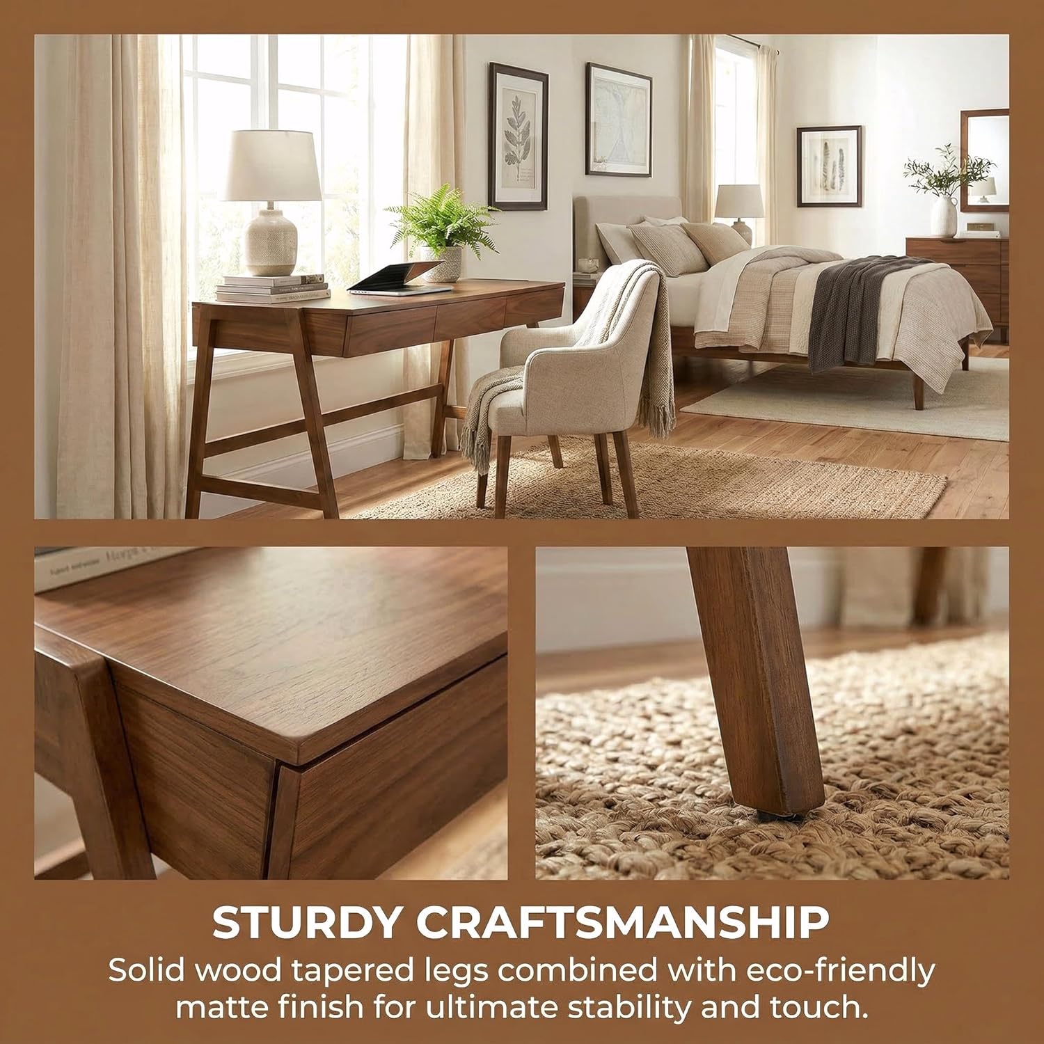 ROCITY Walnut Wood Desk with Drawers Home Office Desk Mid Century Modern Writing Table for Bedroom Vanity Living Room Study Workstation