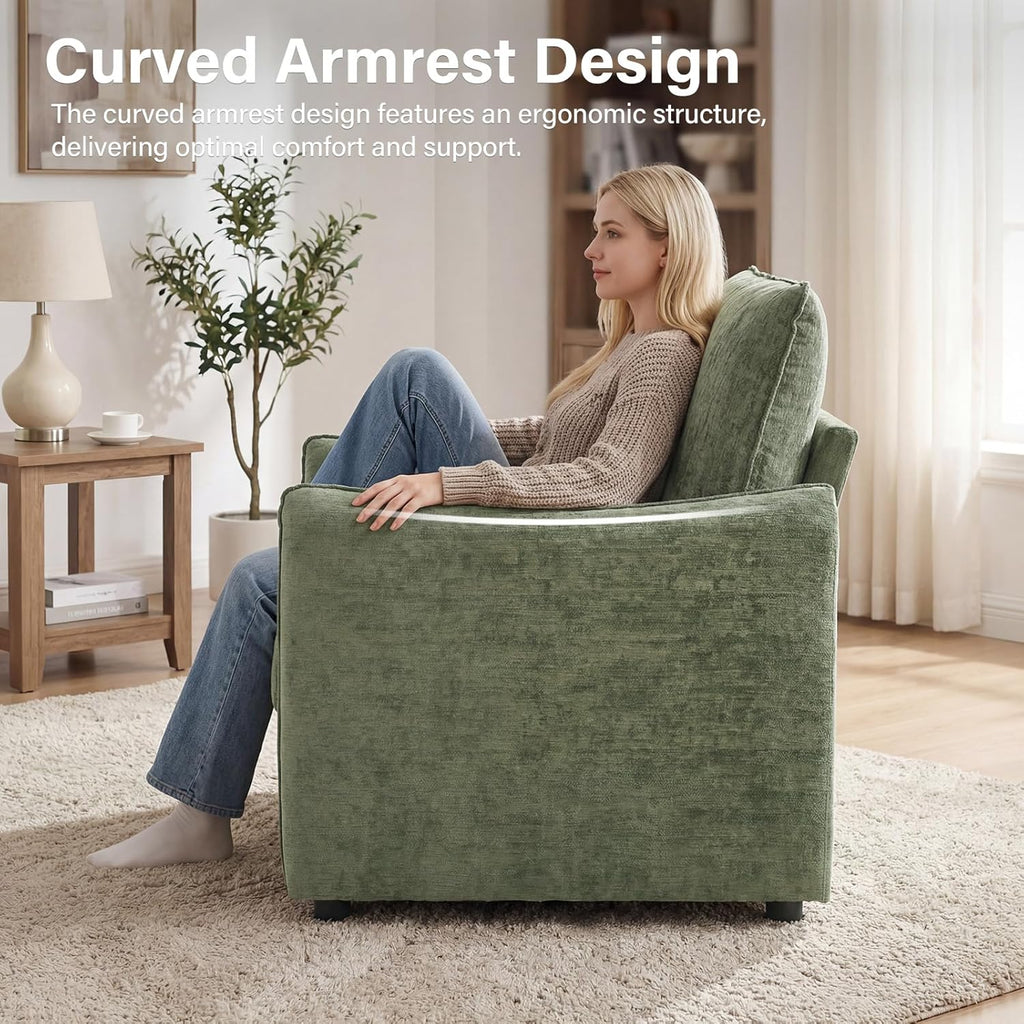 Elegant Oversized Accent Chair, 42.1" Upholstered Modern Piping Single Armchair with Ergonomic Backrest and 2 Pillows for Living Room, Bedroom, Chenille, Green