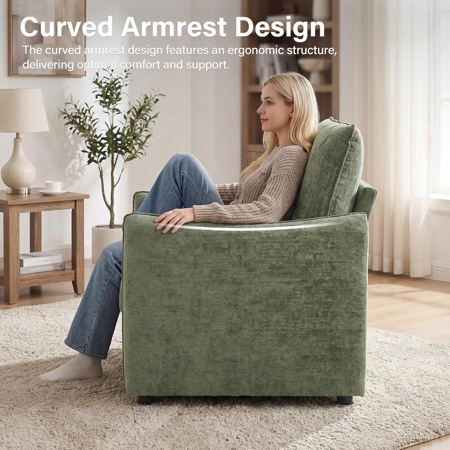 Elegant Oversized Accent Chair, 42.1" Upholstered Modern Piping Single Armchair with Ergonomic Backrest and 2 Pillows for Living Room, Bedroom, Chenille, Green