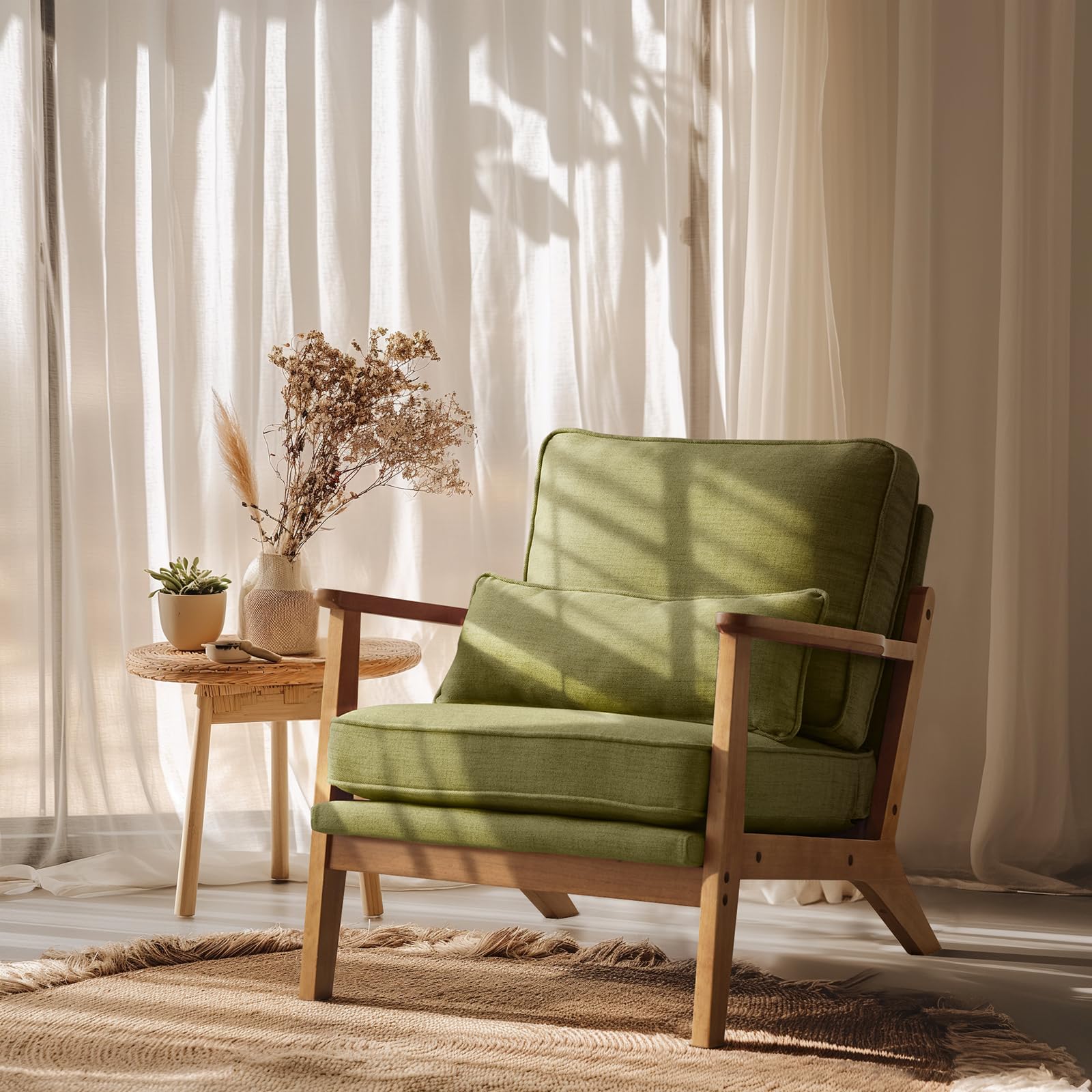 VINGLI Solid Wood Wide Armrests Accent Chair,Upholstered Mid Century Modern Chair with Pillow,Comfy Reading Chair Farmhouse Arm Chair,Chairs Living Room,Bedroom,Guest Room,Suede,Rustic