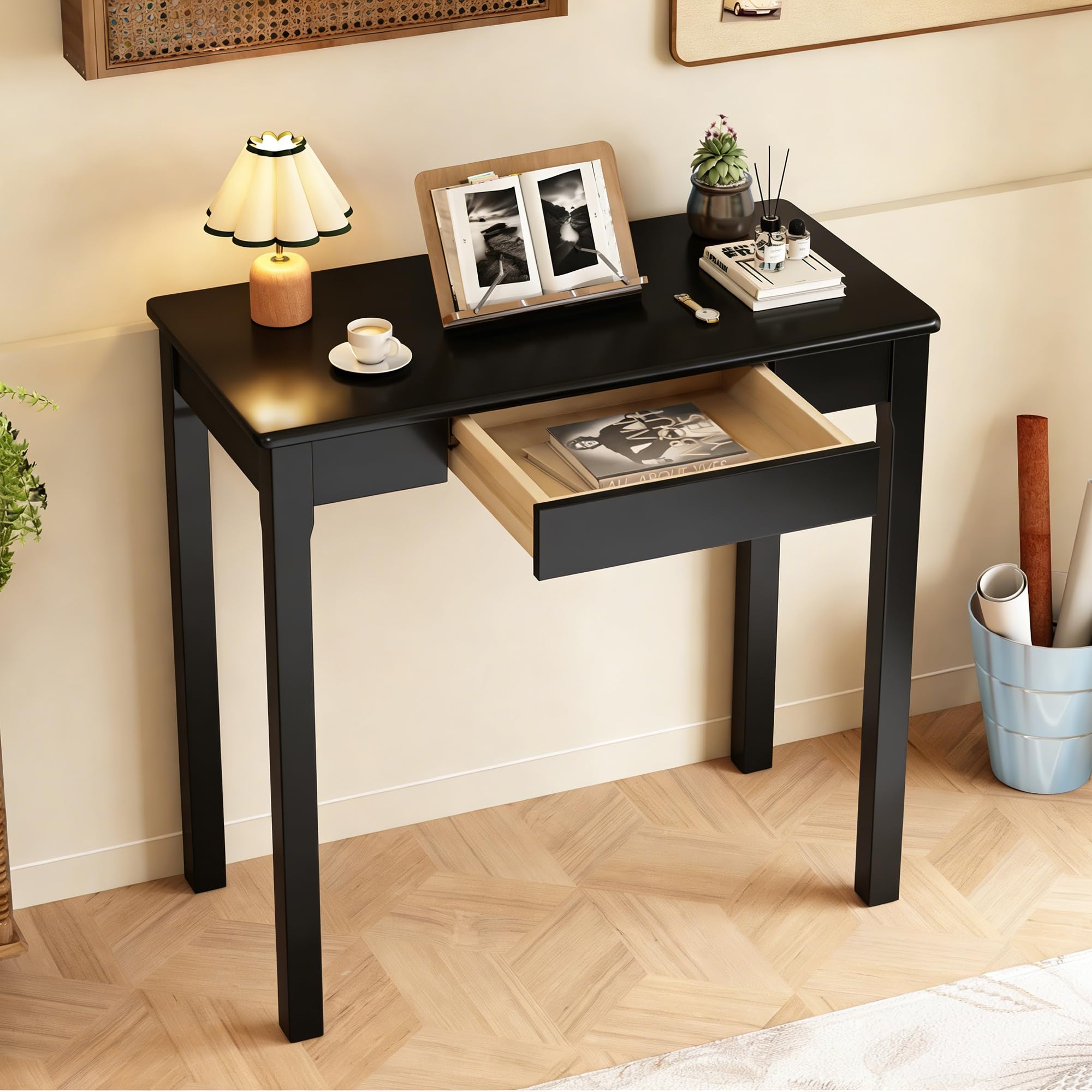 32×16 Inch Walnut Rubberwood Mid Century Narrow Desk with Drawers, Small Writing Table for Bedroom Small Spaces