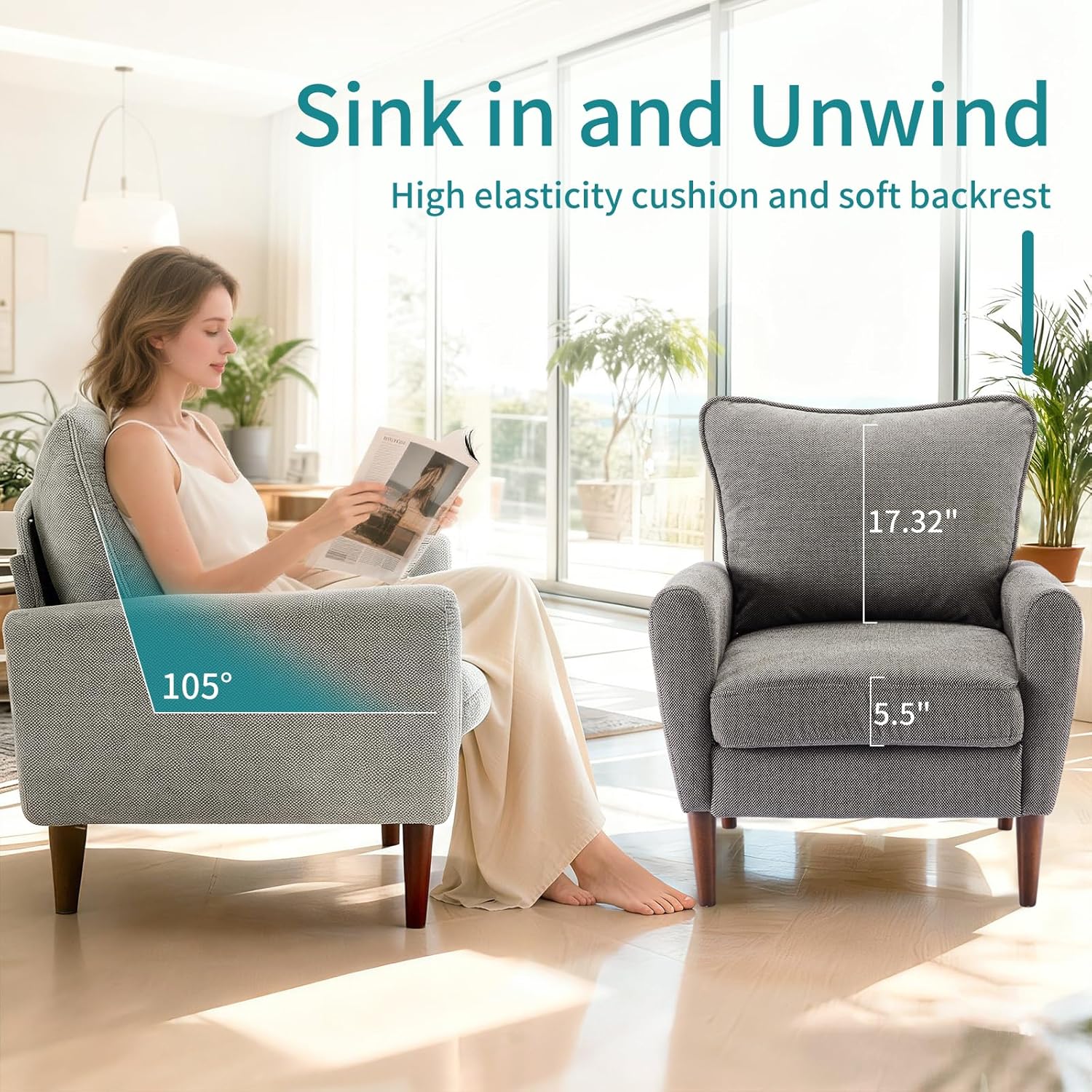 OLIXIS Comfy Accent Chair for Living Room Bedroom and Waiting Room, Upholstered Mid-Century Reading Chair with Pillow and Solid Wood Legs, Wide Singe Modern Lounge Sofa, Gray