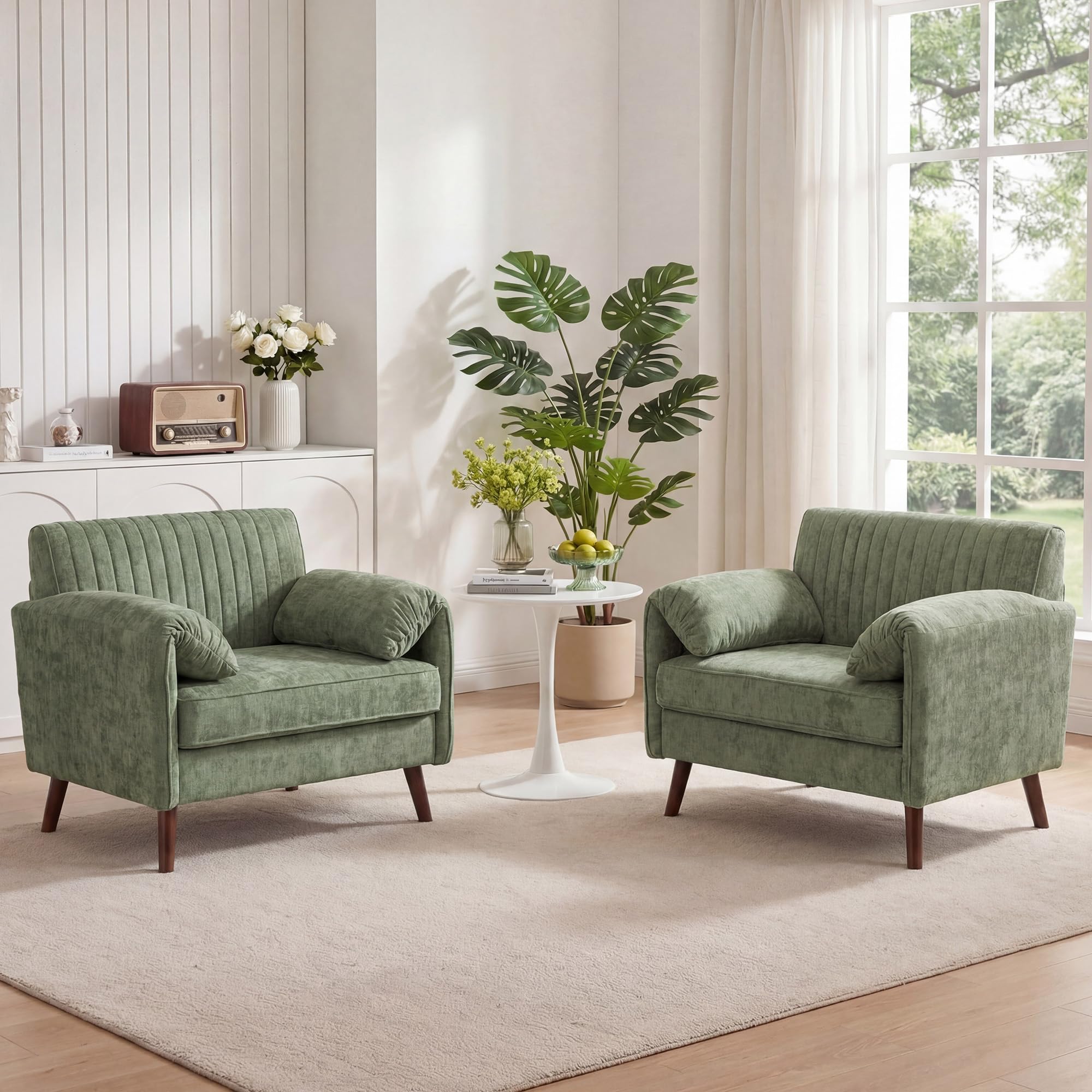 Modern Oversized Accent Chair, 43.3" Piping Single Armchair with Quilting Backrest, Padded Arms, Wood Legs for Living Room, Bedroom, Chenille, Beige
