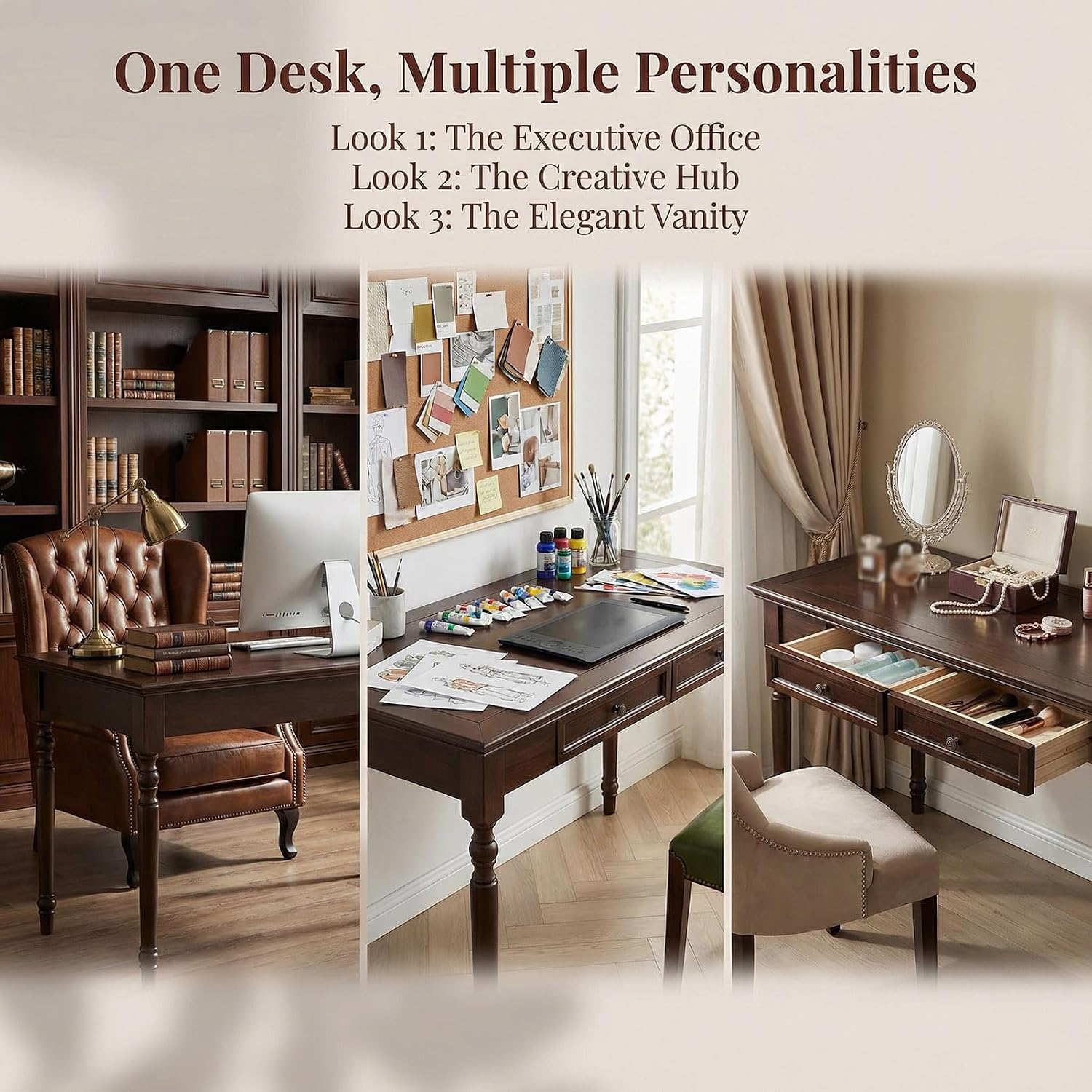 Vintage Walnut Writing Desk with 2 Drawers, 47" Traditional Farmhouse Computer Desk, Solid Wood Classic Vanity Dressing Table, for Home Office Study or Living Room, French Country Style