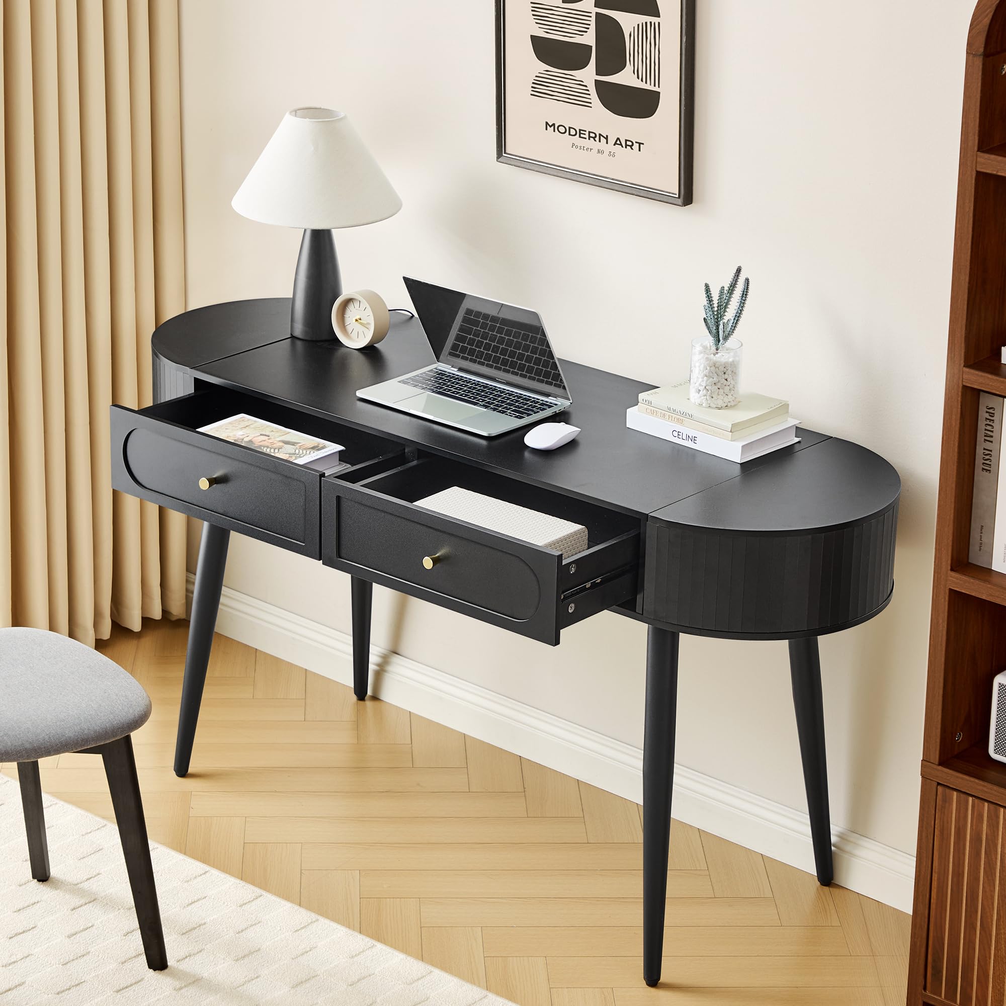 Mid-Century 59" Wood Writing Desk, Home Office Computer Laptop Desk with 2 Flip Storage Space + 2 Drawer, 150 CM Elegant Fluted Vanity Table Multifunctional Study Desk for Office, Bedroom (Wlanut)