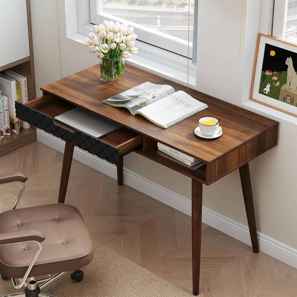 Tangkula Mid Century Modern Desk, Home Office Standing Desk w/Drawer & Open Compartment, Computer Desk Work Study Table, Vintage Writing Desk Wooden Workbench for Bedroom/Living Room