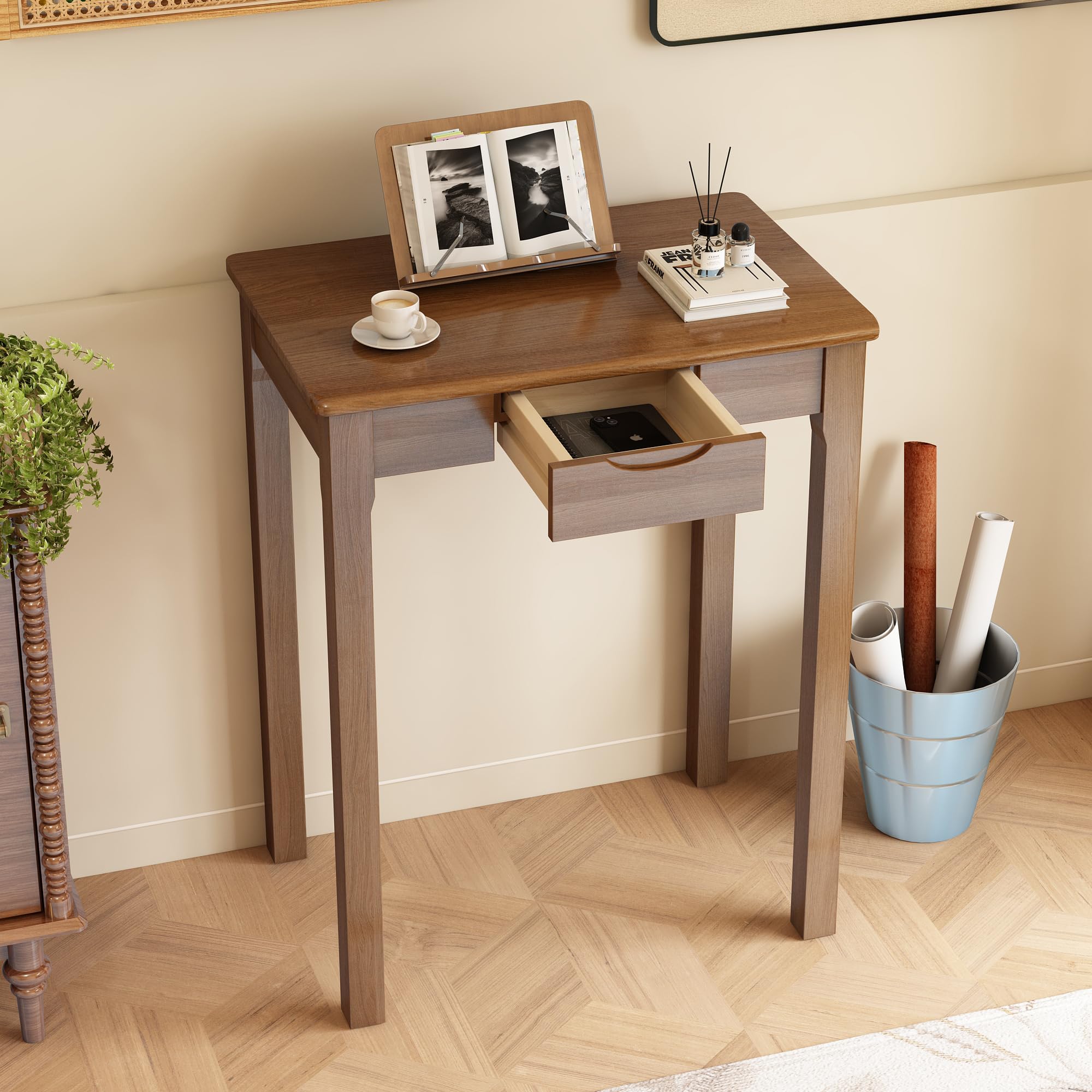 32×16 Inch Walnut Rubberwood Mid Century Narrow Desk with Drawers, Small Writing Table for Bedroom Small Spaces