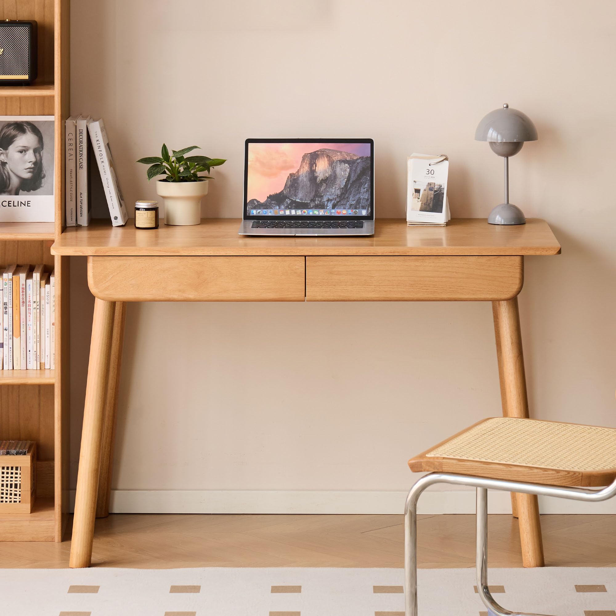 39 Inch Solid Oak Mid Century Desk with 2 Drawers, Home Office Writing Computer Table