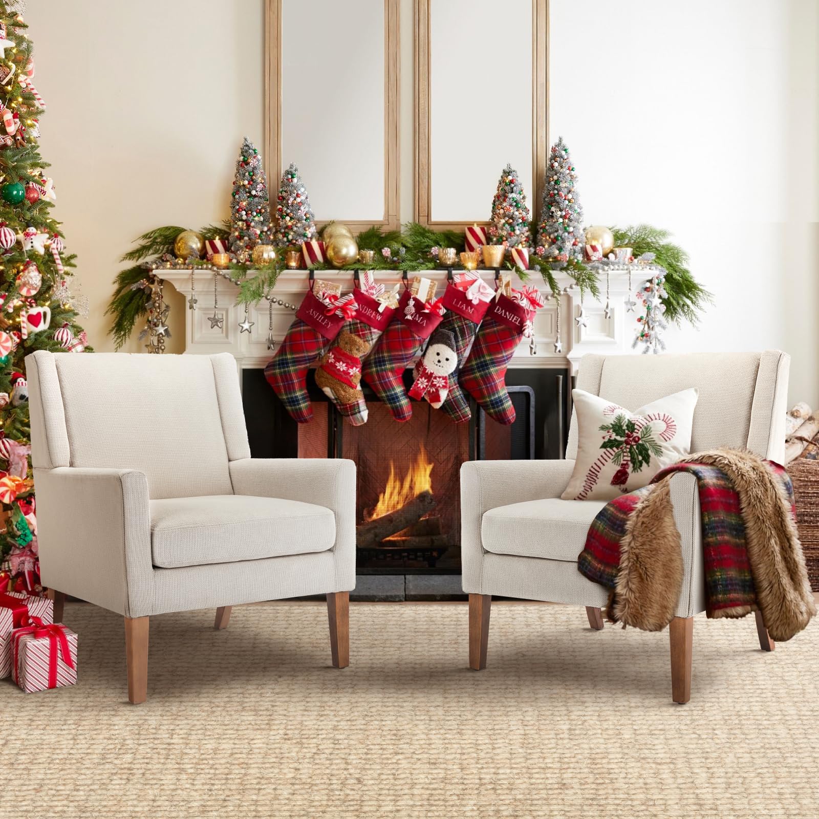 COLAMY Modern Wingback Living Room Chair, Upholstered Fabric Accent Armchair, Single Sofa Chair with Lounge Seat and Wood Legs for Office/Bedroom/Reading Spaces, Beige