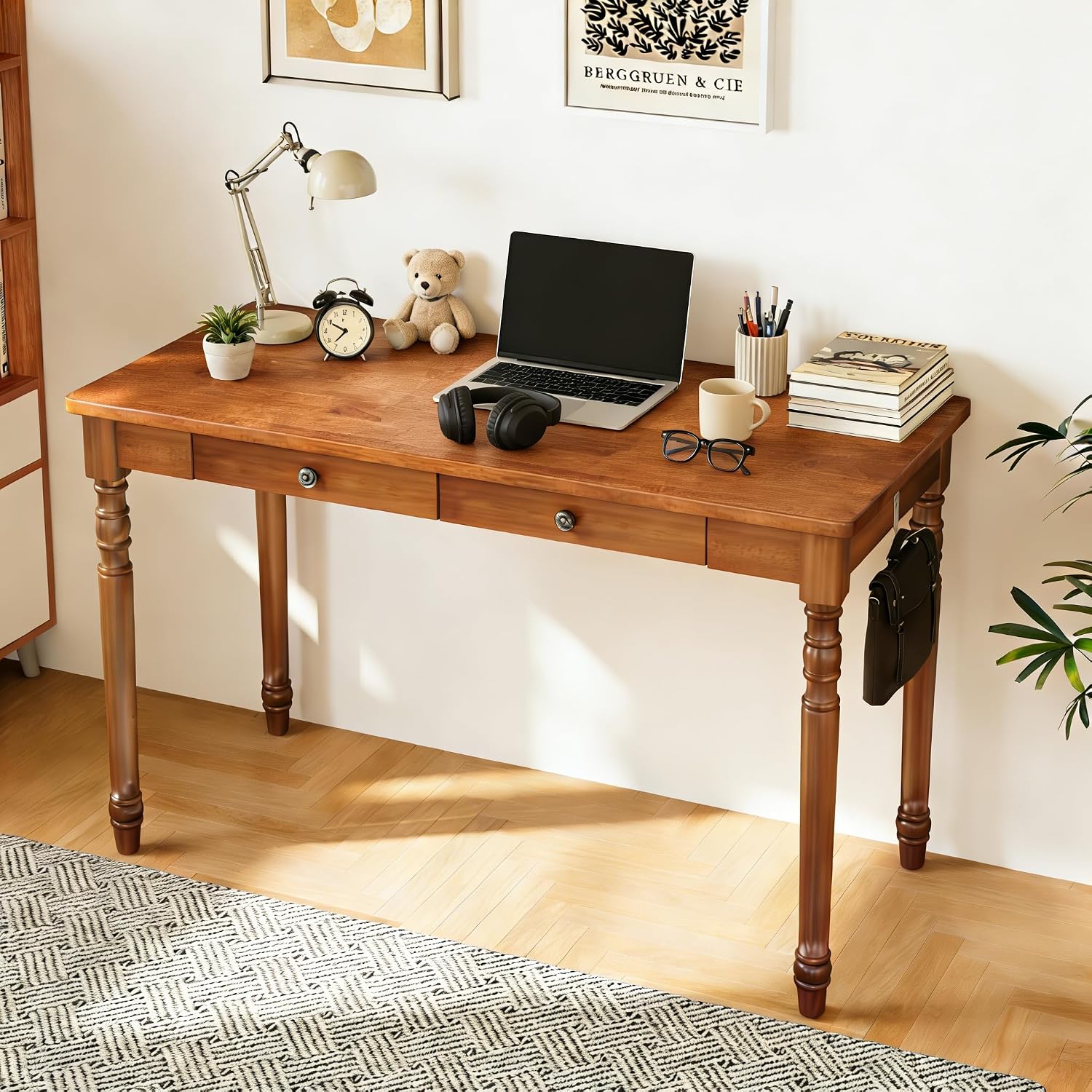 47.2 Inch Walnut Solid Wood Vintage Desk with Drawers and Hooks for Bedroom Office