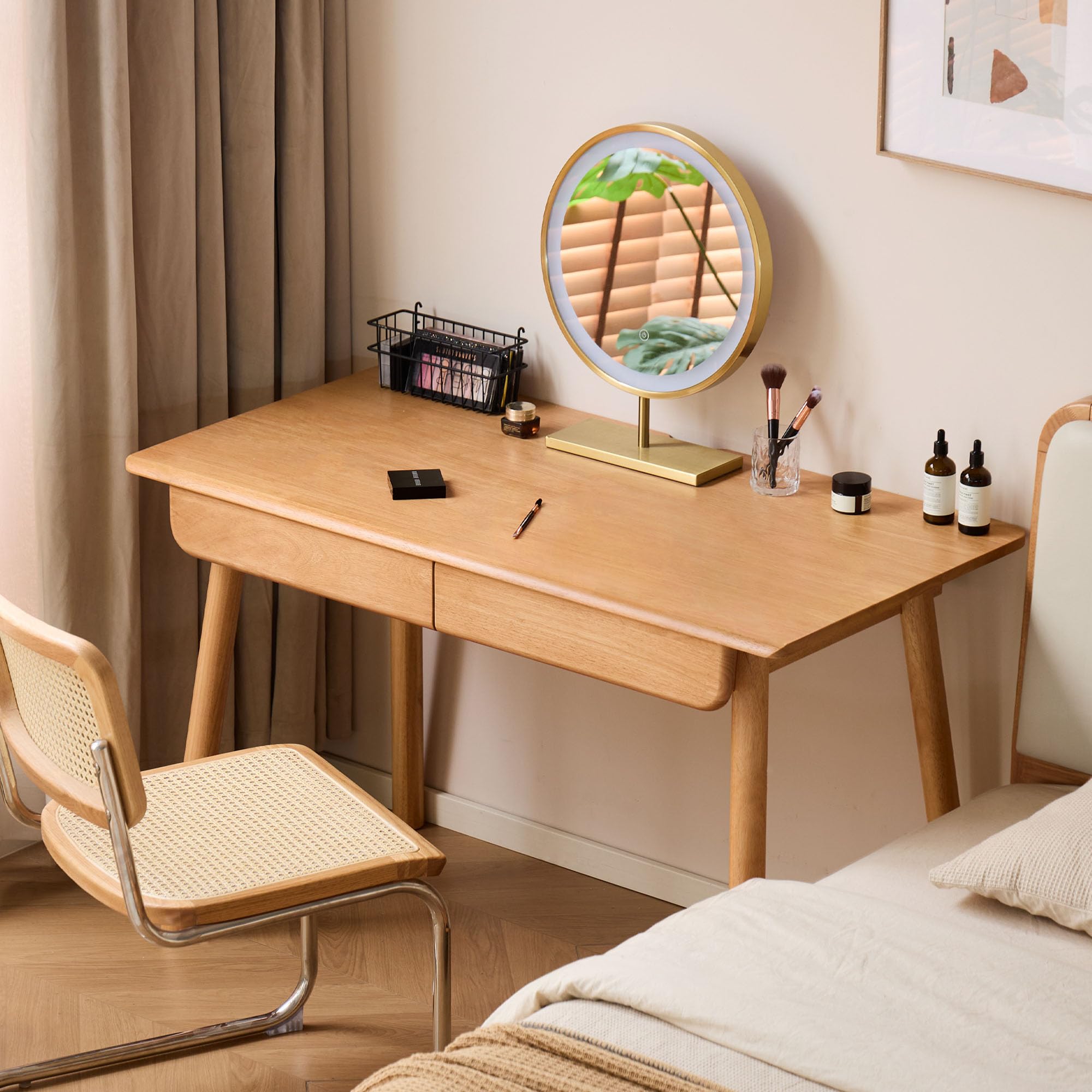 39 Inch Solid Oak Mid Century Desk with 2 Drawers, Home Office Writing Computer Table