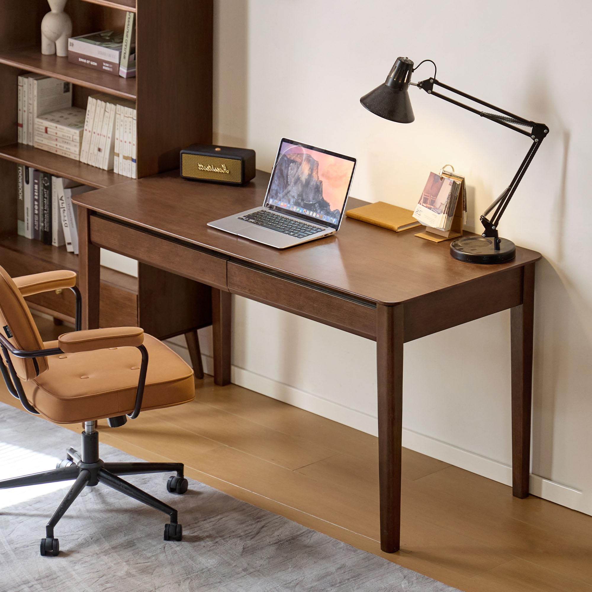 39 Inch Solid Oak Mid Century Desk with 2 Drawers, Home Office Writing Computer Table