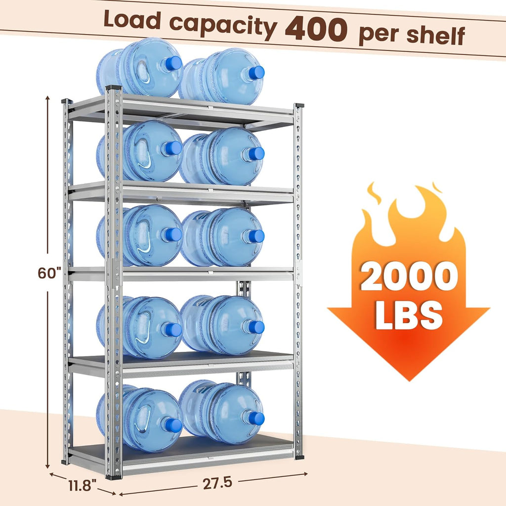 Romorgniz Plant Shelf, Waterproof & Rustproof Metal Shelving with PP Broad Outdoor, 2000Lbs Adjustable Galvanized Plant Shelf for Patio Gardening Closet Kitchen Basement, 60" H x 27.5" W x 11.8" D