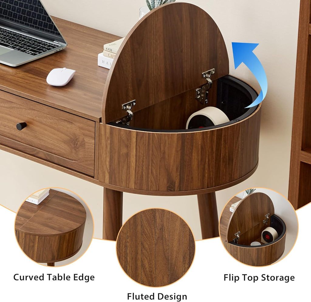 Mid-Century 59" Wood Writing Desk, Home Office Computer Laptop Desk with 2 Flip Storage Space + 2 Drawer, 150 CM Elegant Fluted Vanity Table Multifunctional Study Desk for Office, Bedroom (Wlanut)