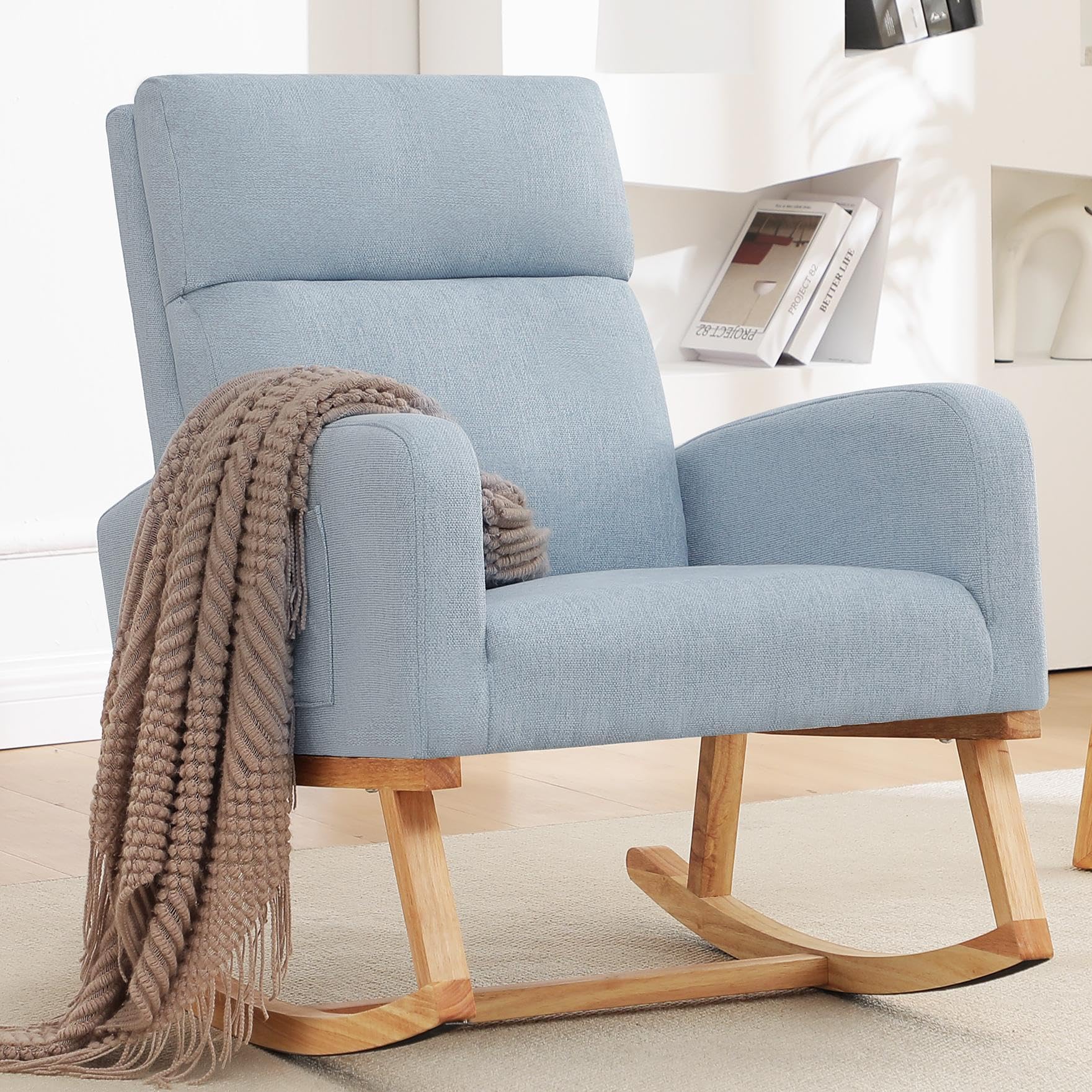 Rocking Chair Nursery - Glider Modern Accent Chairs Upholstered Linen Nursing Rocker Padded Armchair for Indoor Living Room Bedroom Beige