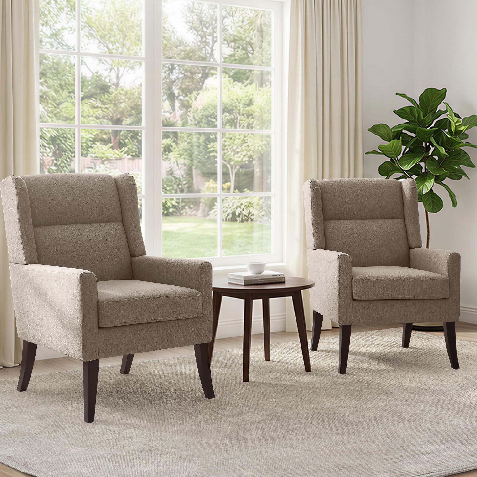 Zihanhome High Back Accent Chair, Fabric Living Room Chairs, Comfy Upholstered Armchair with Wooden Legs for Living Room, Bedroom, Apartment (1, Brown)