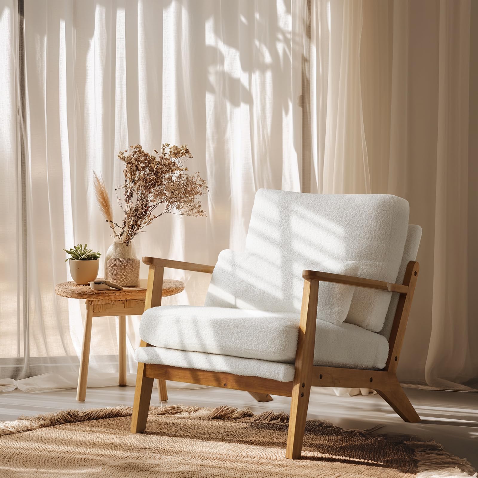 VINGLI Solid Wood Wide Armrests Accent Chair,Upholstered Mid Century Modern Chair with Pillow,Comfy Reading Chair Farmhouse Arm Chair,Chairs Living Room,Bedroom,Guest Room,Suede,Rustic