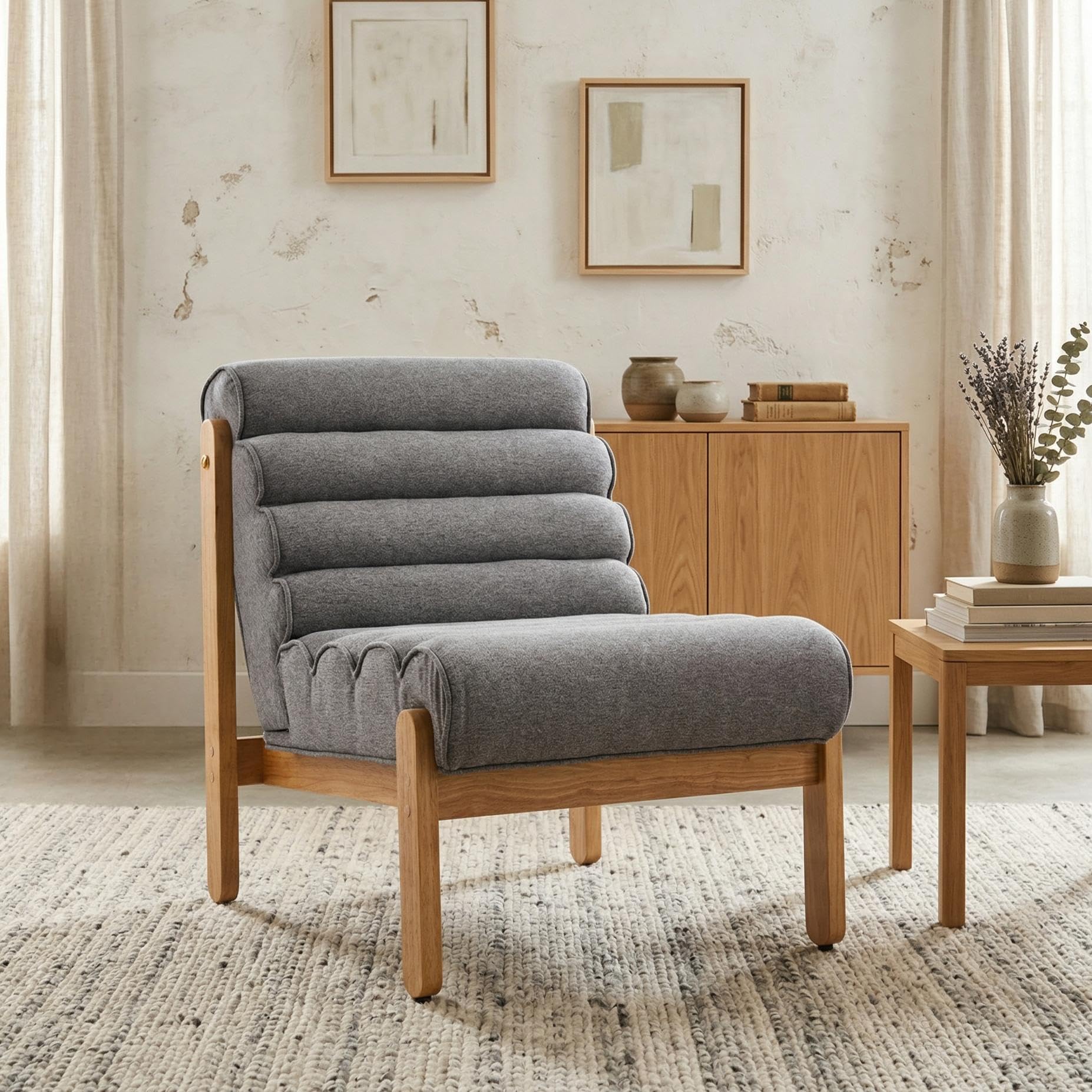 Christopher Knight Home Fluffy Low Profile Accent Chair, Modern Living Room Armless Lounge Chair, Fabric Comfy Reading Chair for Bedroom, Wooden Frame and Thick Padded Seat, White+Black