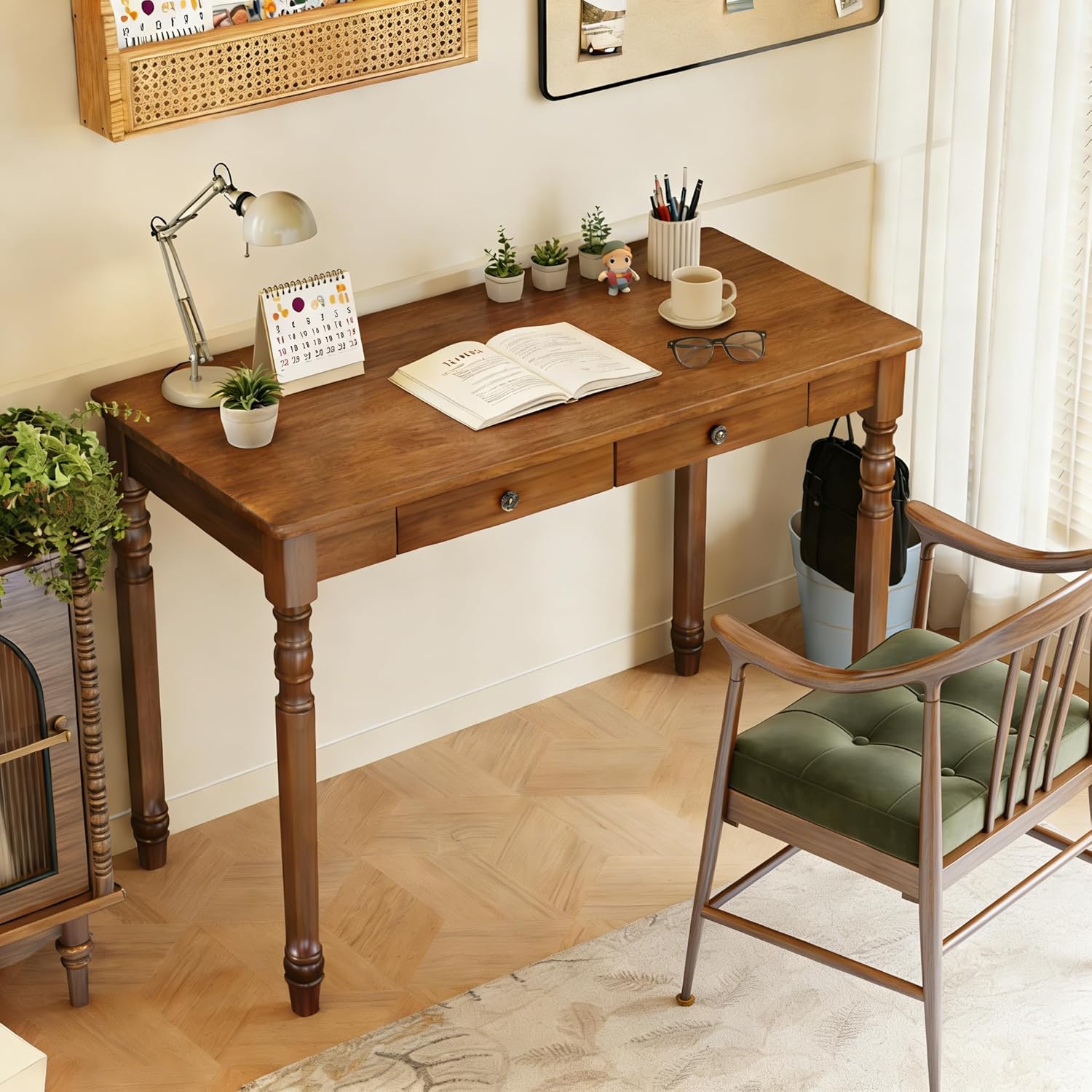 47.2 Inch Walnut Solid Wood Vintage Desk with Drawers and Hooks for Bedroom Office