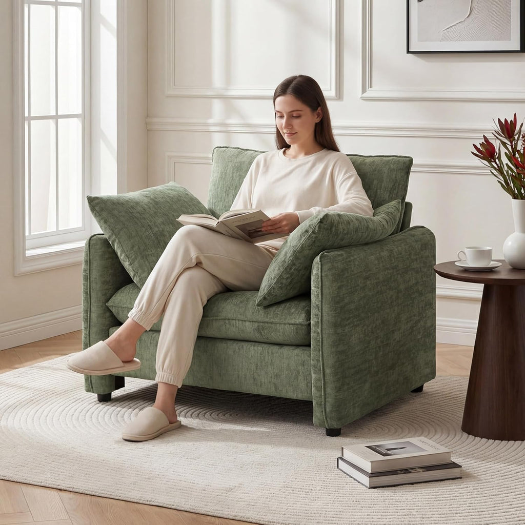 Elegant Oversized Accent Chair, 42.1" Upholstered Modern Piping Single Armchair with Ergonomic Backrest and 2 Pillows for Living Room, Bedroom, Chenille, Green