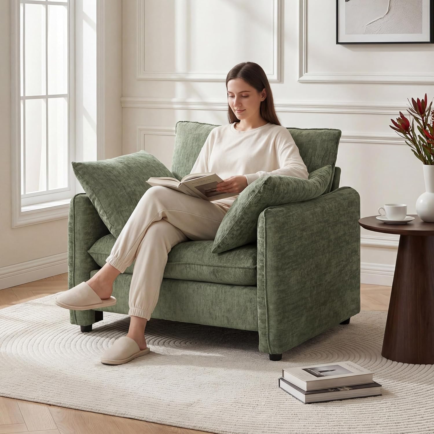 Elegant Oversized Accent Chair, 42.1" Upholstered Modern Piping Single Armchair with Ergonomic Backrest and 2 Pillows for Living Room, Bedroom, Chenille, Green