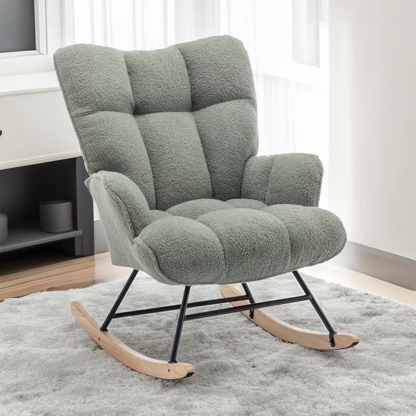 SAETSFEG Rocking Chair Nursery Teddy Upholstered Glider Rocker Rocking Accent Chair Padded Seat with High Backrest Armchair Comfy Side Chair for Living Room Bedroom Offices (Ivory Teddy)