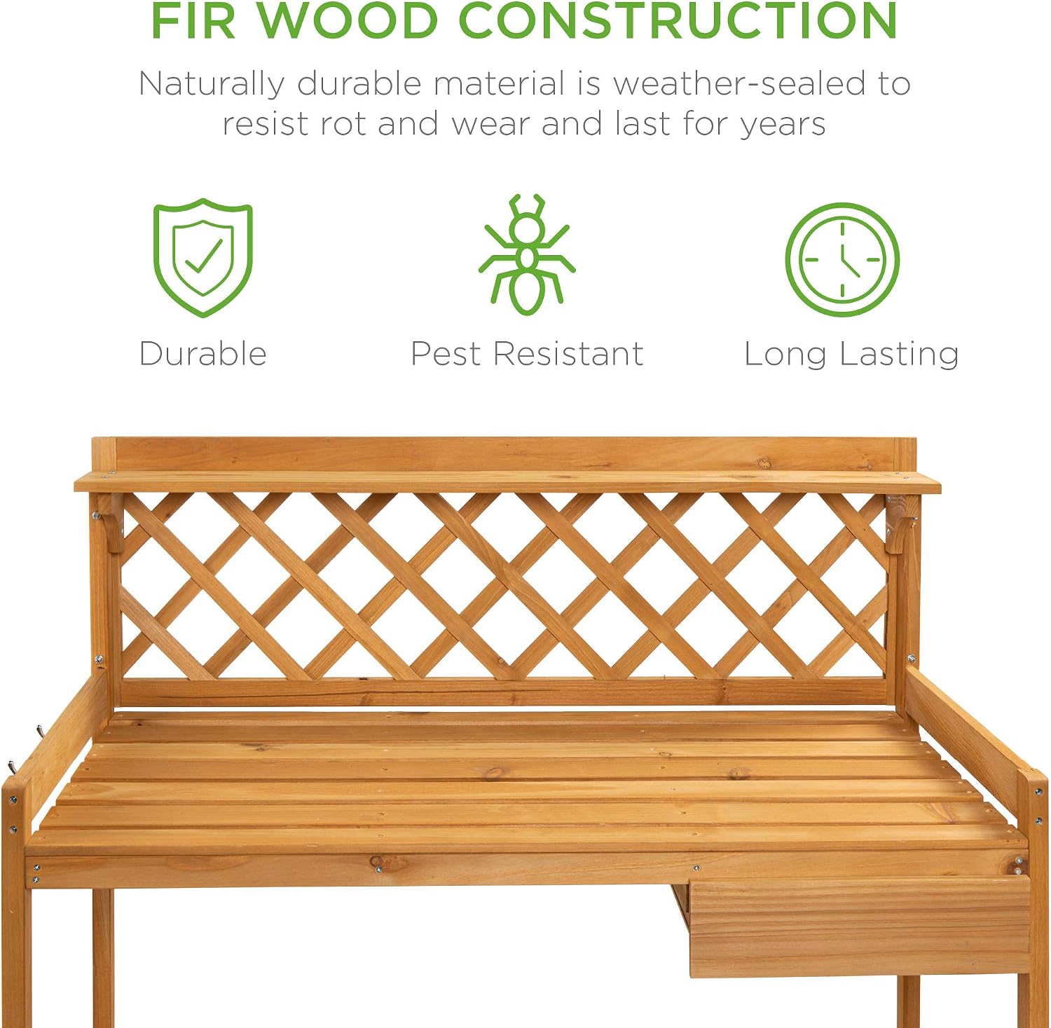 Best Choice Products Outdoor Garden Potting Bench, Wooden Workstation Table w/Cabinet Drawer, Open Shelf, Lower Storage, Lattice Back - Natural