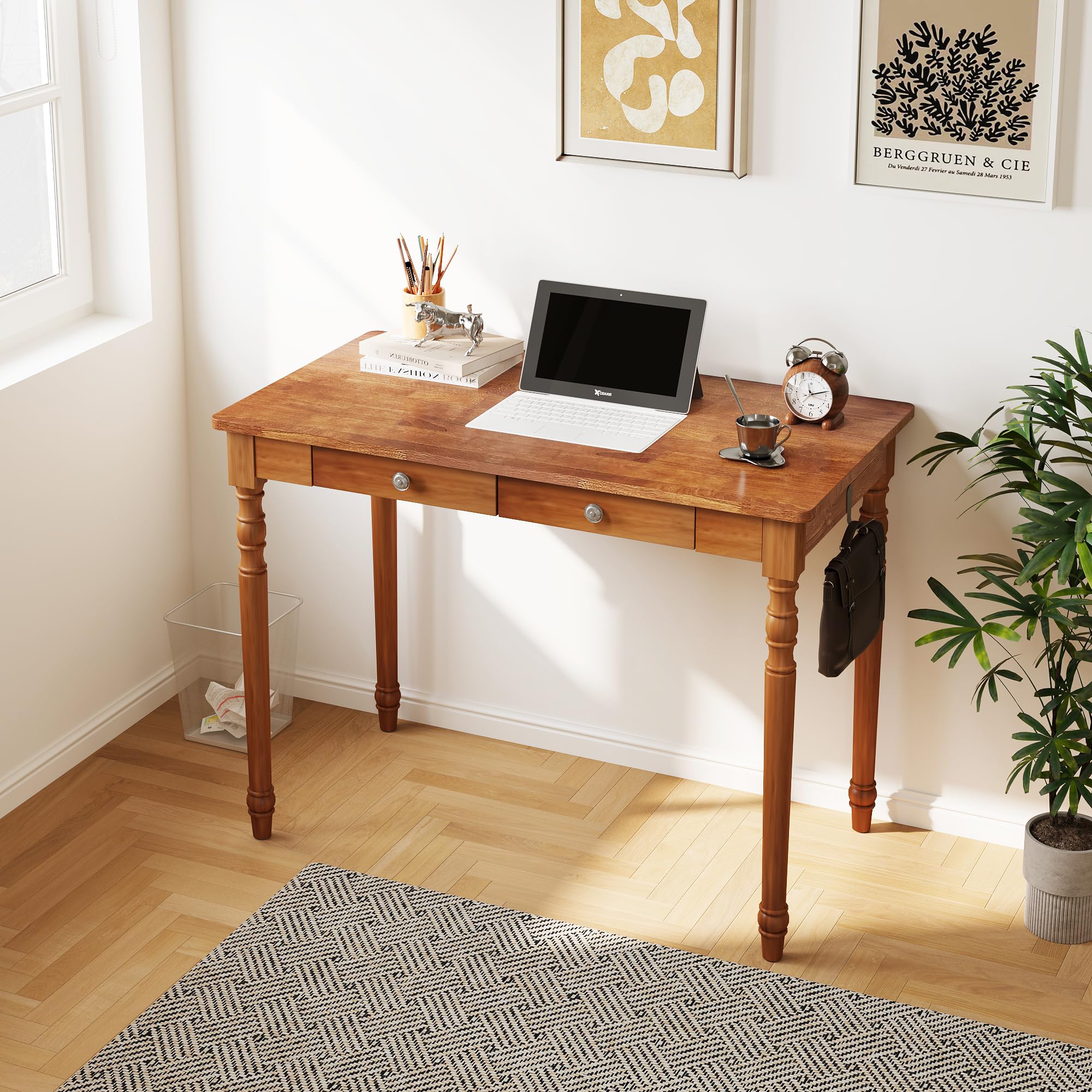 Vintage Solid Wood Writing Desk - 31.5" Mid Century Modern Desk with Drawer, Small Wooden Computer Desks for Home Office, Secretary Desks, Traditional Vanity Dressing Table for Bedroom, Walnut