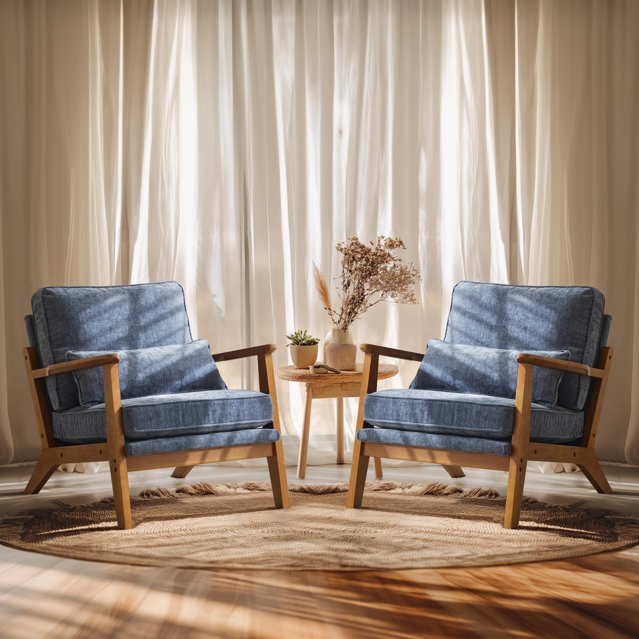 VINGLI Solid Wood Wide Armrests Accent Chair,Upholstered Mid Century Modern Chair with Pillow,Comfy Reading Chair Farmhouse Arm Chair,Chairs Living Room,Bedroom,Guest Room,Suede,Rustic