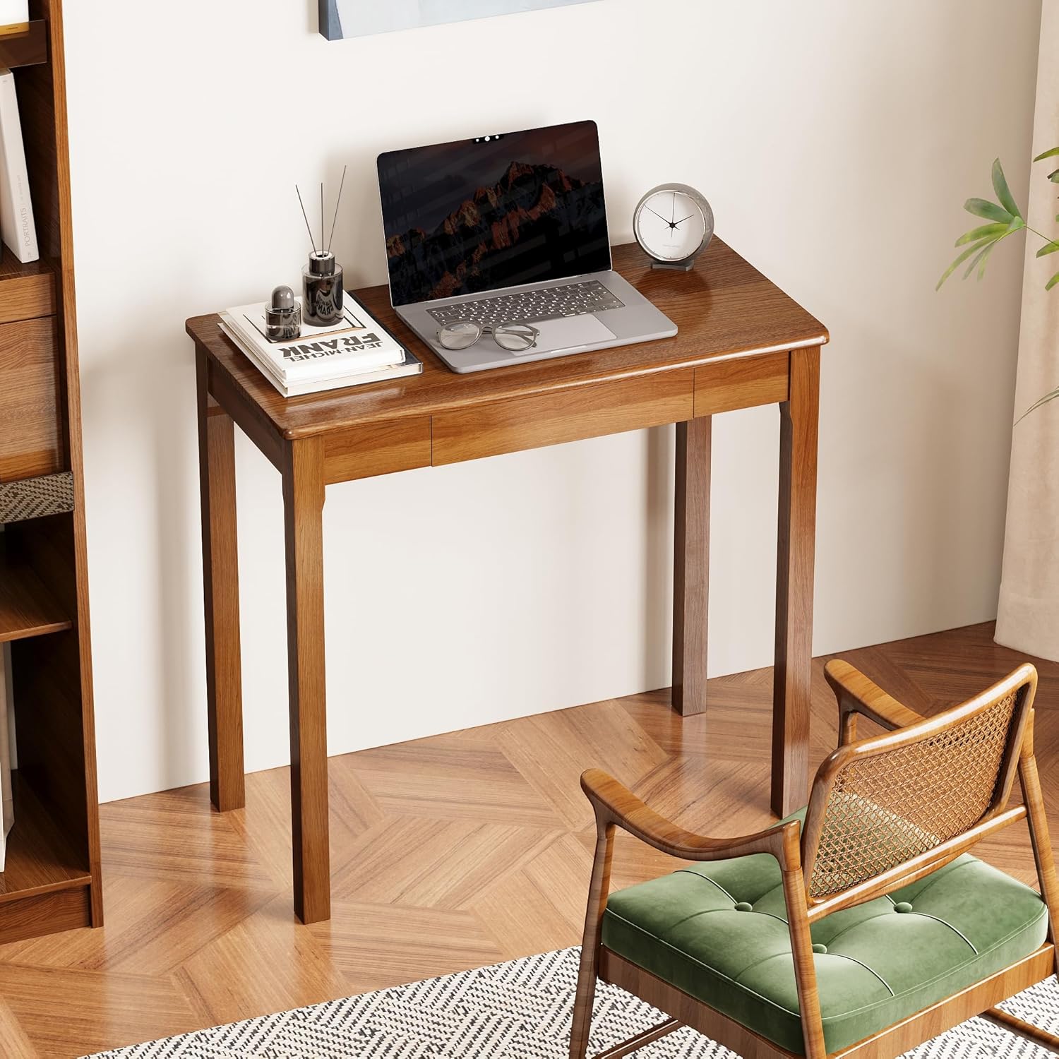 32×16 Inch Walnut Rubberwood Mid Century Narrow Desk with Drawers, Small Writing Table for Bedroom Small Spaces