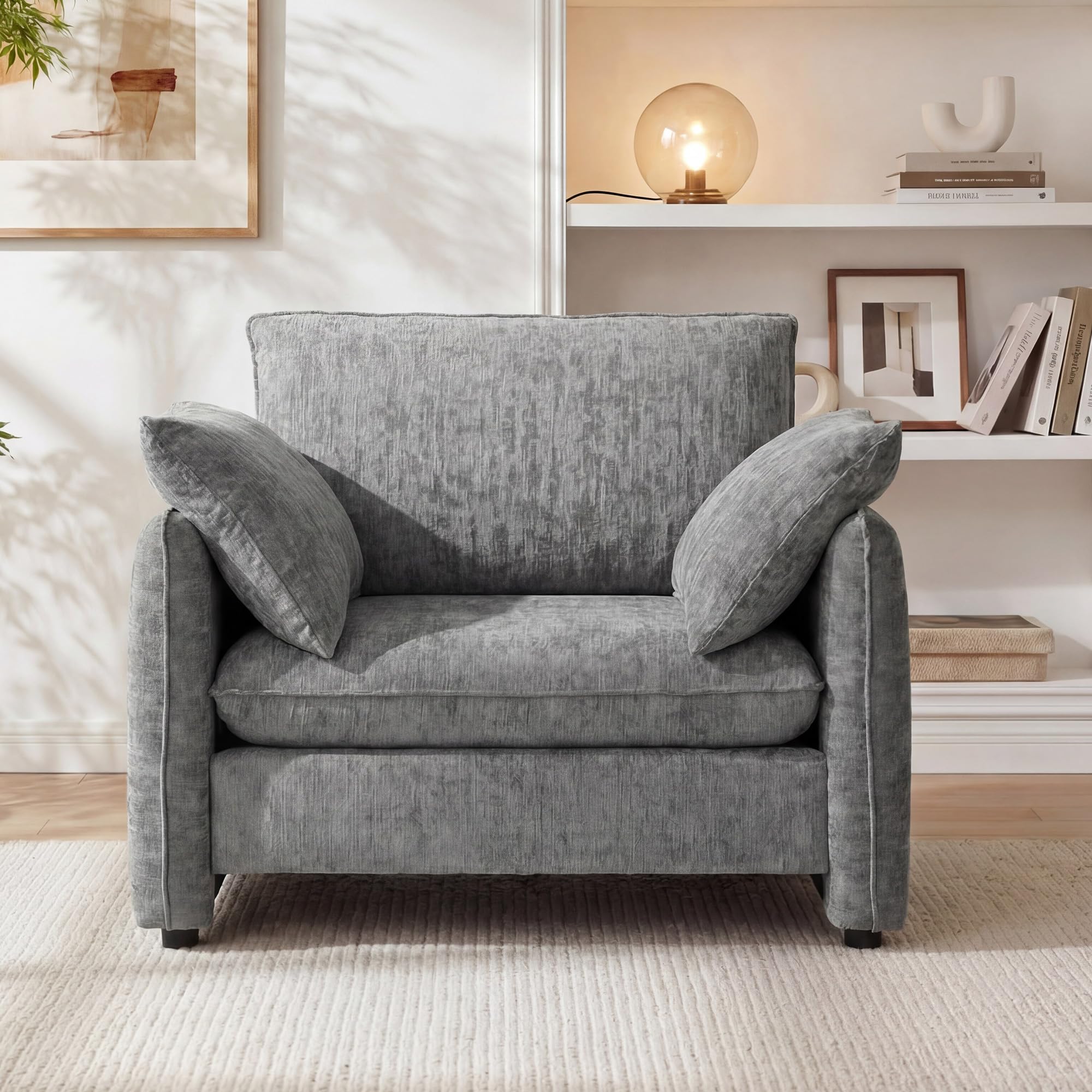 Elegant Oversized Accent Chair, 42.1" Upholstered Modern Piping Single Armchair with Ergonomic Backrest and 2 Pillows for Living Room, Bedroom, Chenille, Green