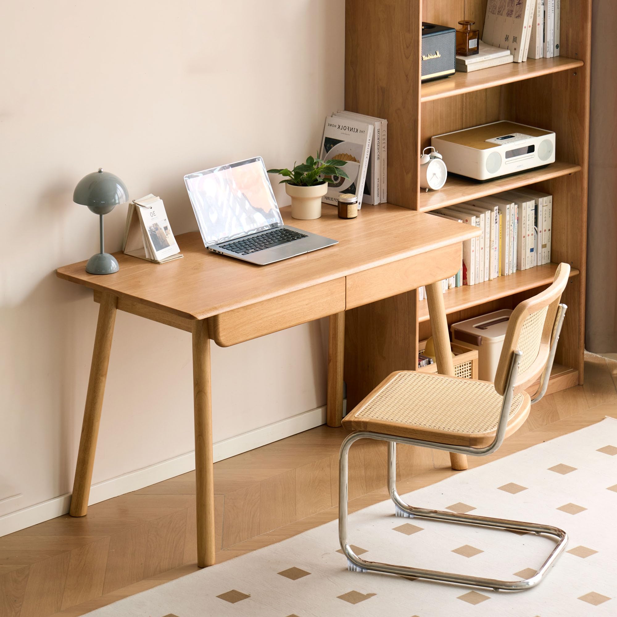 39 Inch Solid Oak Mid Century Desk with 2 Drawers, Home Office Writing Computer Table