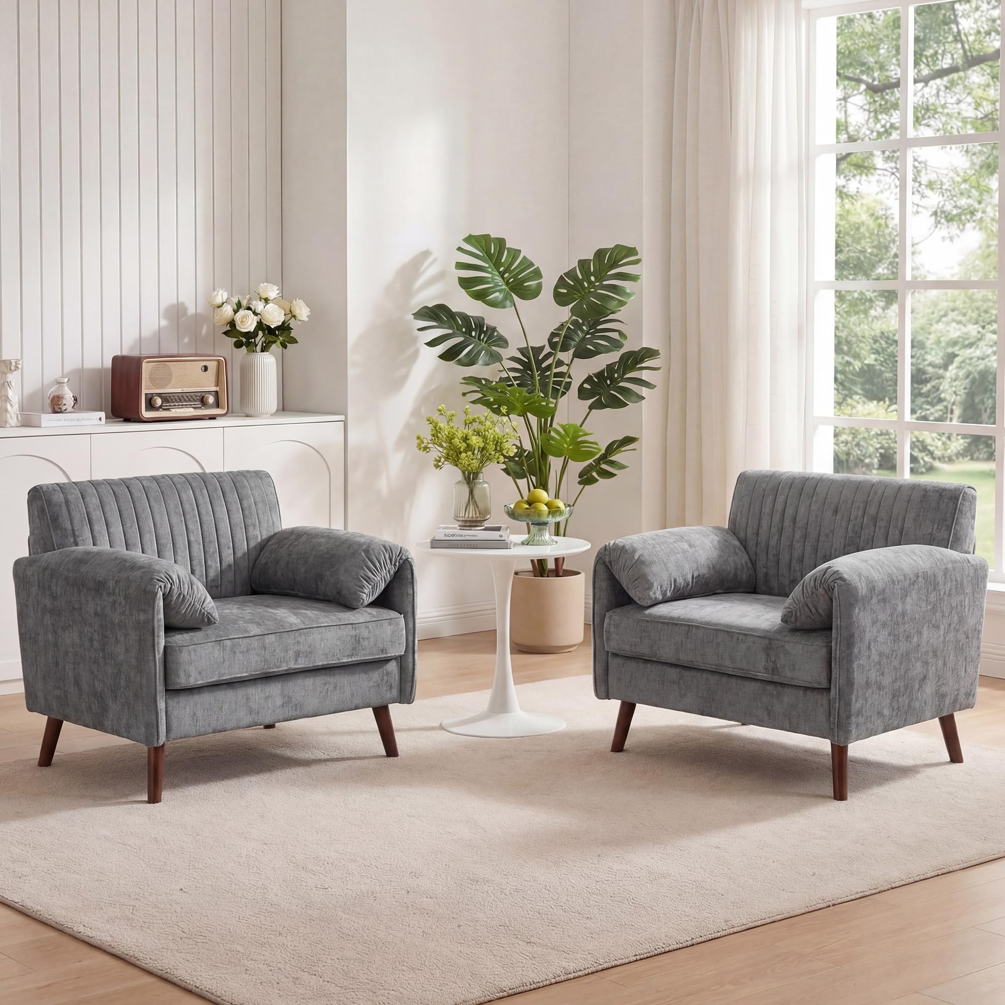 Modern Oversized Accent Chair, 43.3" Piping Single Armchair with Quilting Backrest, Padded Arms, Wood Legs for Living Room, Bedroom, Chenille, Beige
