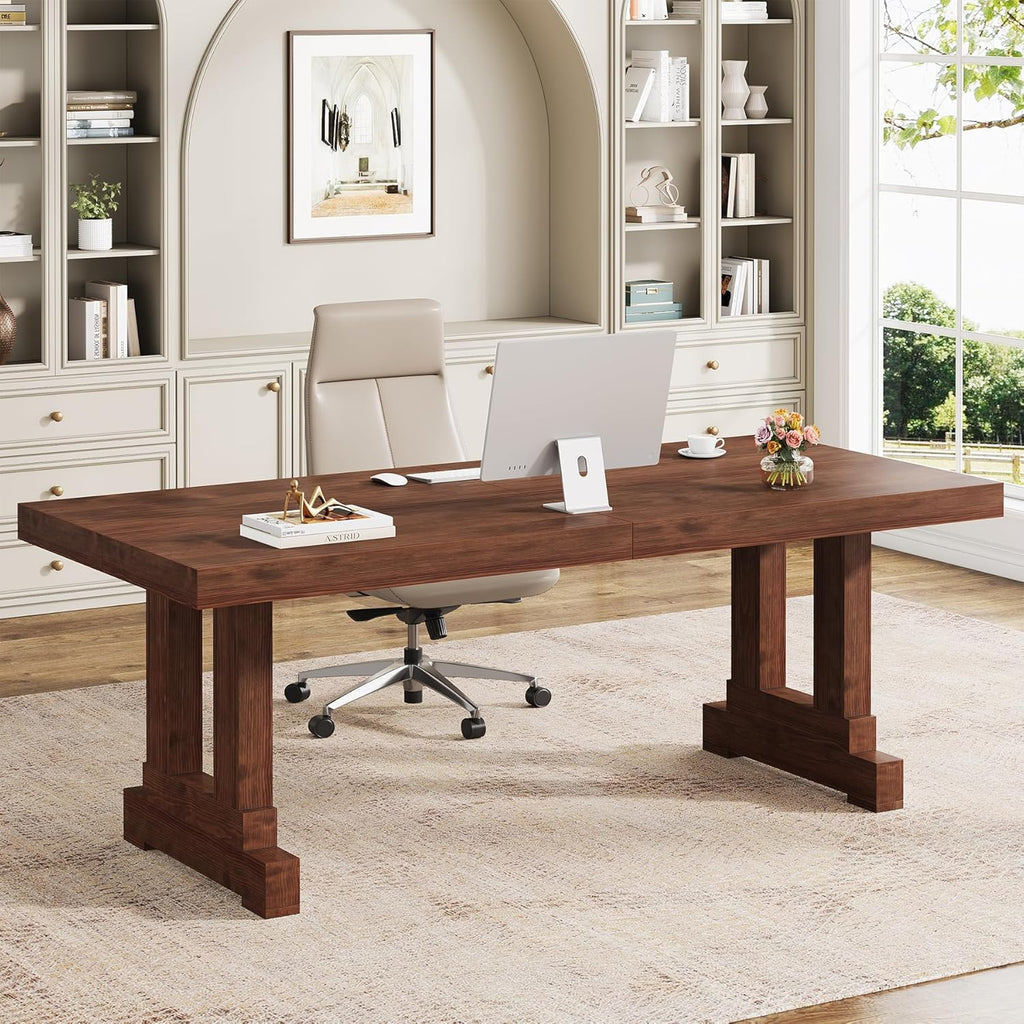 Solid Wood Computer Desk 63inches, Home Office Desk with Sturdy Wood Legs, Farmhouse Workstations Writing Table for Home Office, Dark Brown