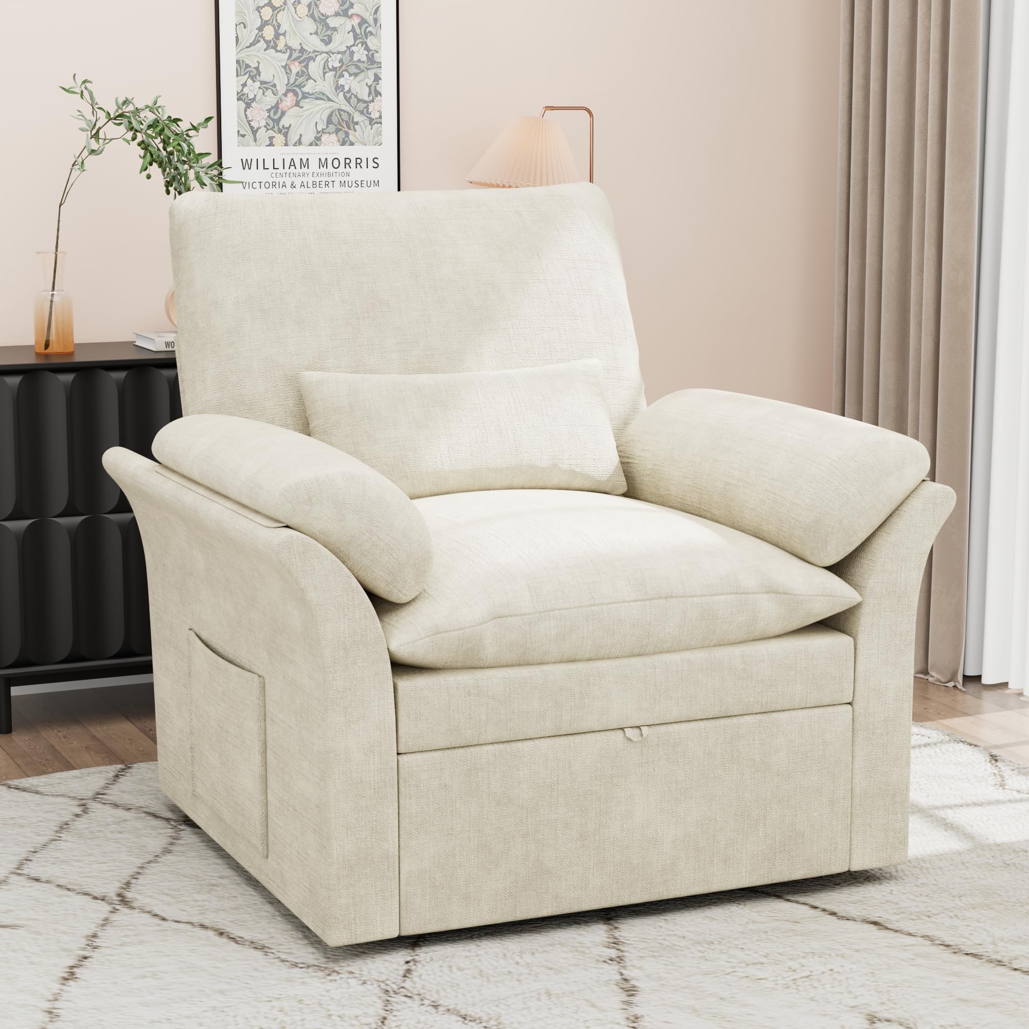 38" Grey Fabric 360 Swivel Armchair with Storage, Adjustable Back & Cushions