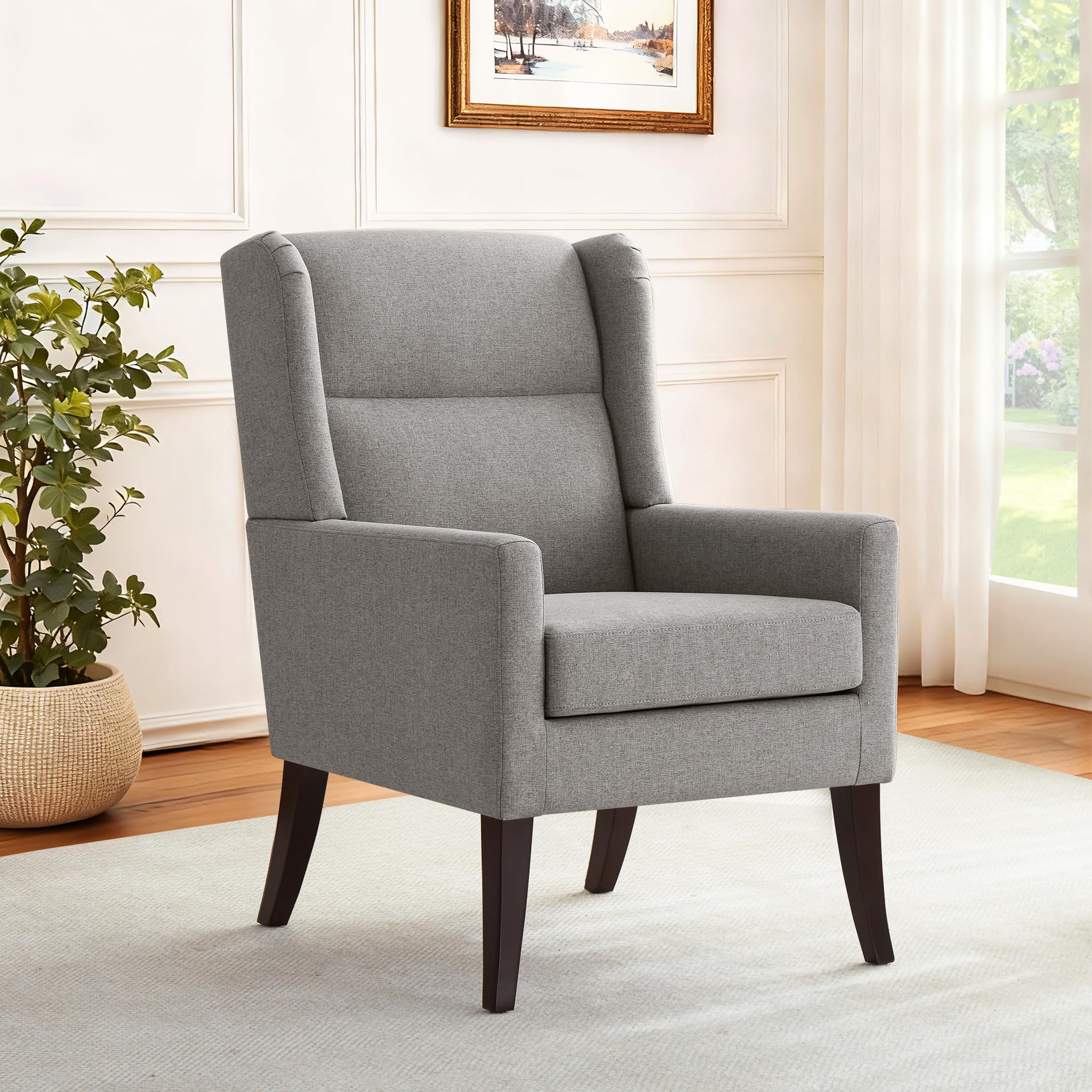 Zihanhome High Back Accent Chair, Fabric Living Room Chairs, Comfy Upholstered Armchair with Wooden Legs for Living Room, Bedroom, Apartment (1, Brown)