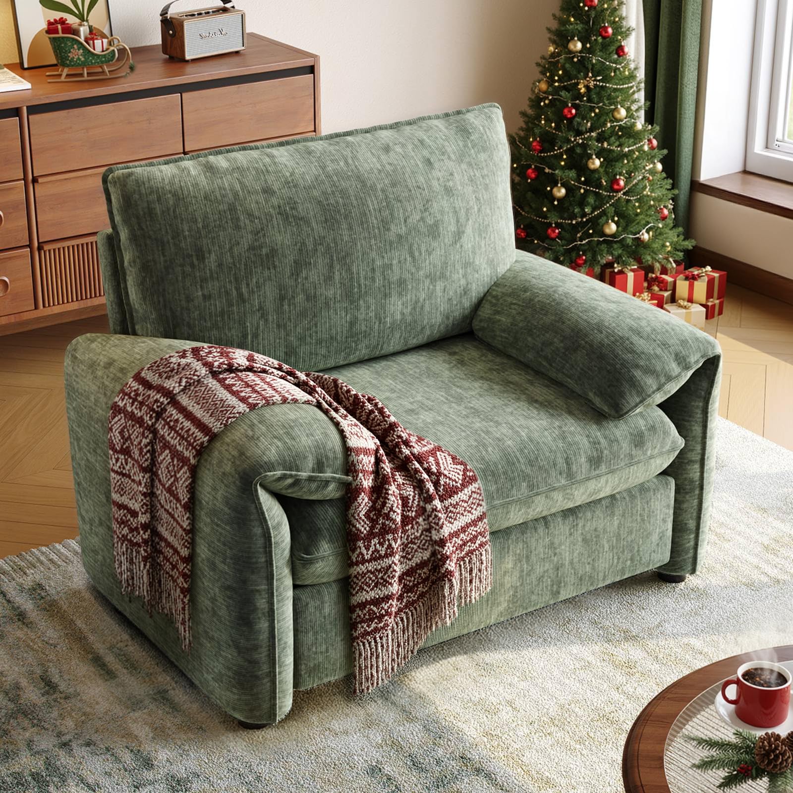ONBRILL Oversized Accent Chair, 41 Inch Chenille Fabric Armchair, Comfy Single Sofa Chair with Padded Arms, Pocket Spring Cushion, Modern Reading Chair for Living Room, Bedroom, Green