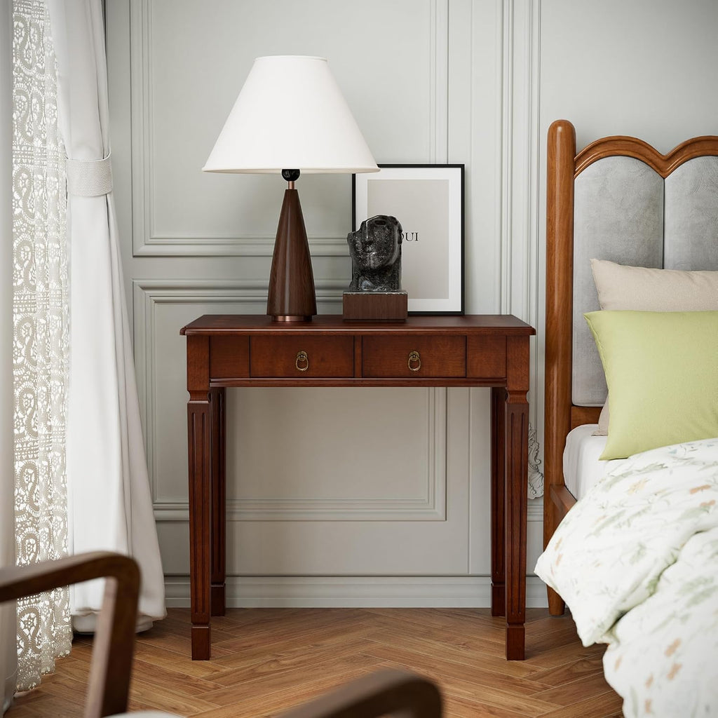 Small Writing Desk With 2 Storage Drawers, 31.5" Home Office Desks , Elegant Wood Writing Desks with Carved Legs, Classic Vanity Dressing Table For Small Space Easy Assembly Caramel Brown SSZ-D1258