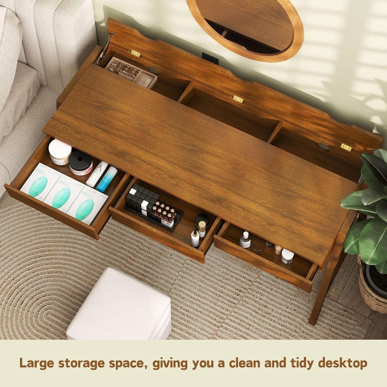 ROCITY Walnut Wood Desk with Drawers Home Office Desk Mid Century Modern Writing Table for Bedroom Vanity Living Room Study Workstation