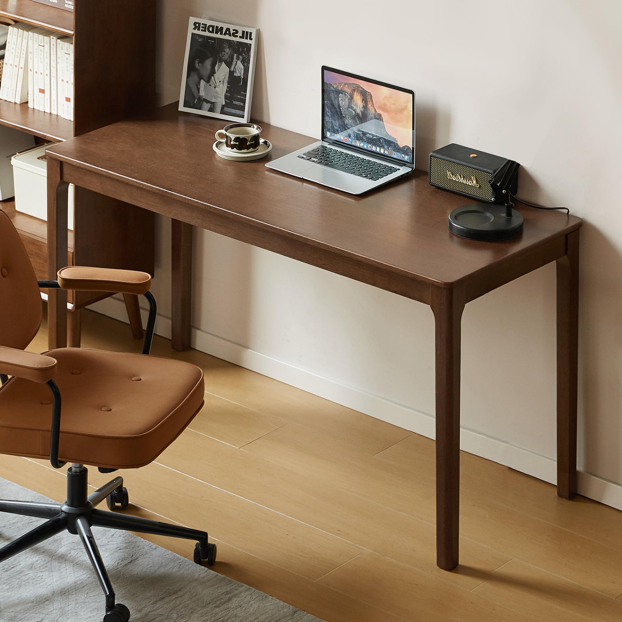 39 Inch Solid Oak Mid Century Desk with 2 Drawers, Home Office Writing Computer Table