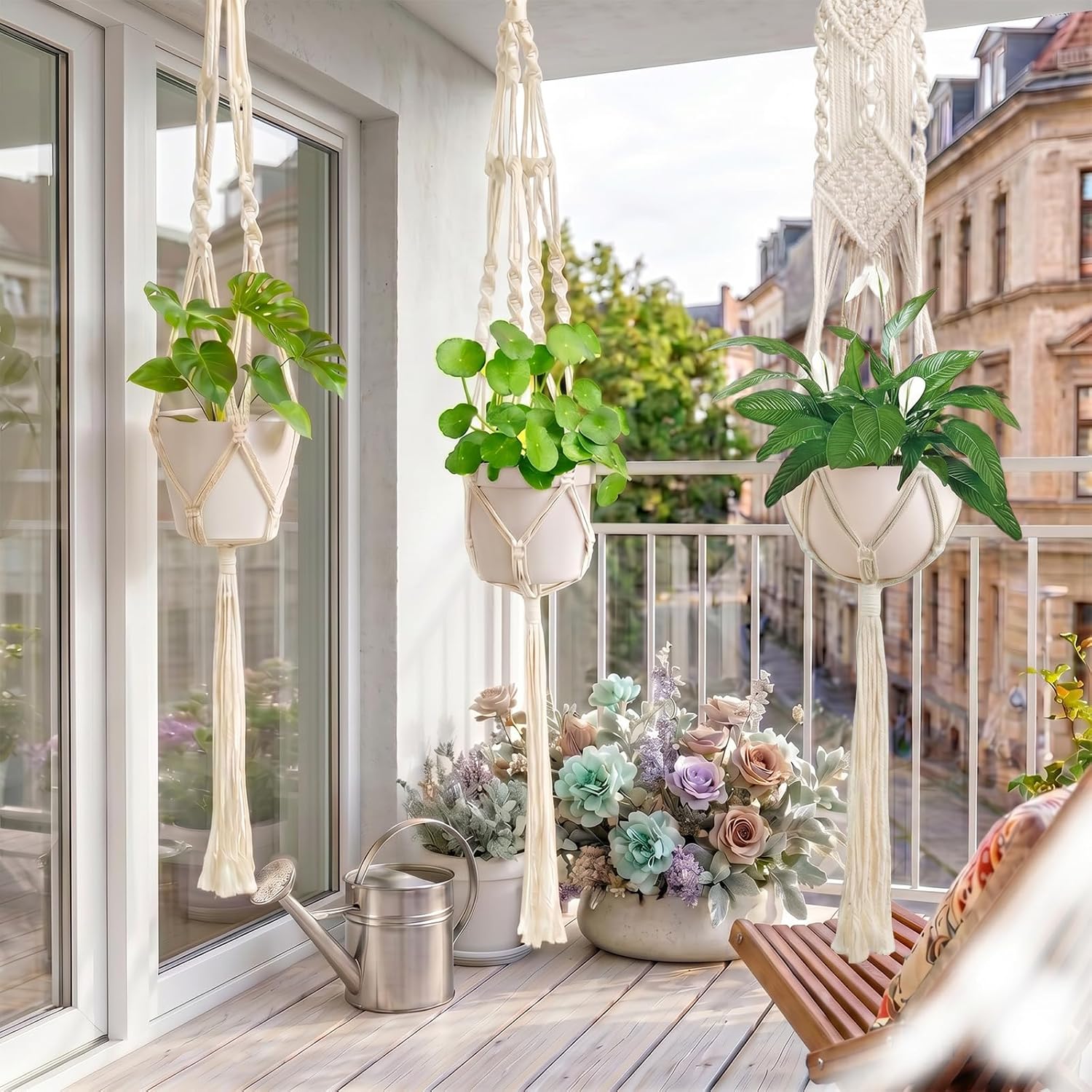 Laerjin Macrame Plant Hangers, Set of 6 Handmade Hanging Plant Holder Basket Stand Decorative Flower Pot Holder - Cotton Rope, 4 Legs, 4 Types