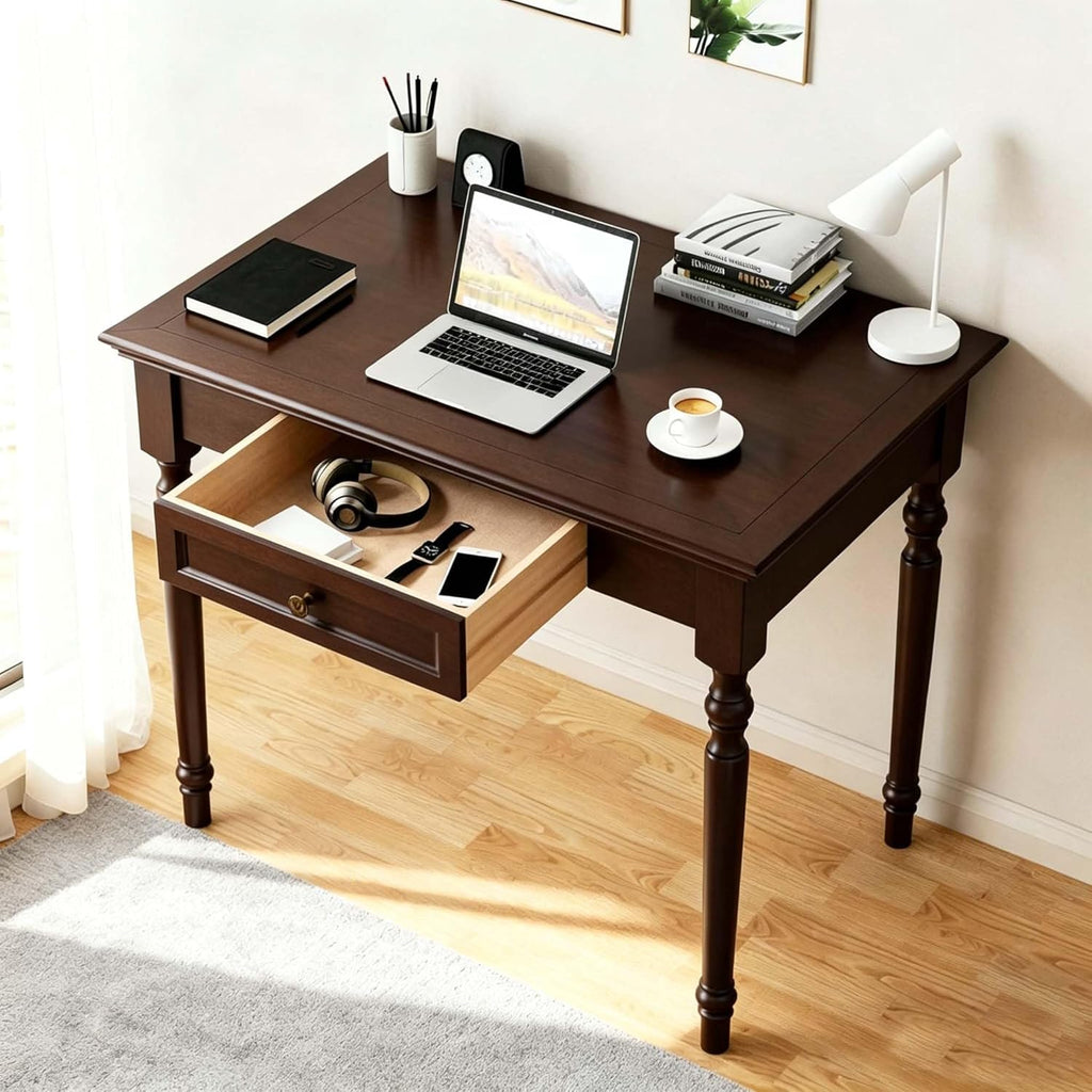 Walnut Writing Desks with Drawers, 35" Solid Wood French Country Style Computer Desk for Home Office, Living Room Study or Workspace