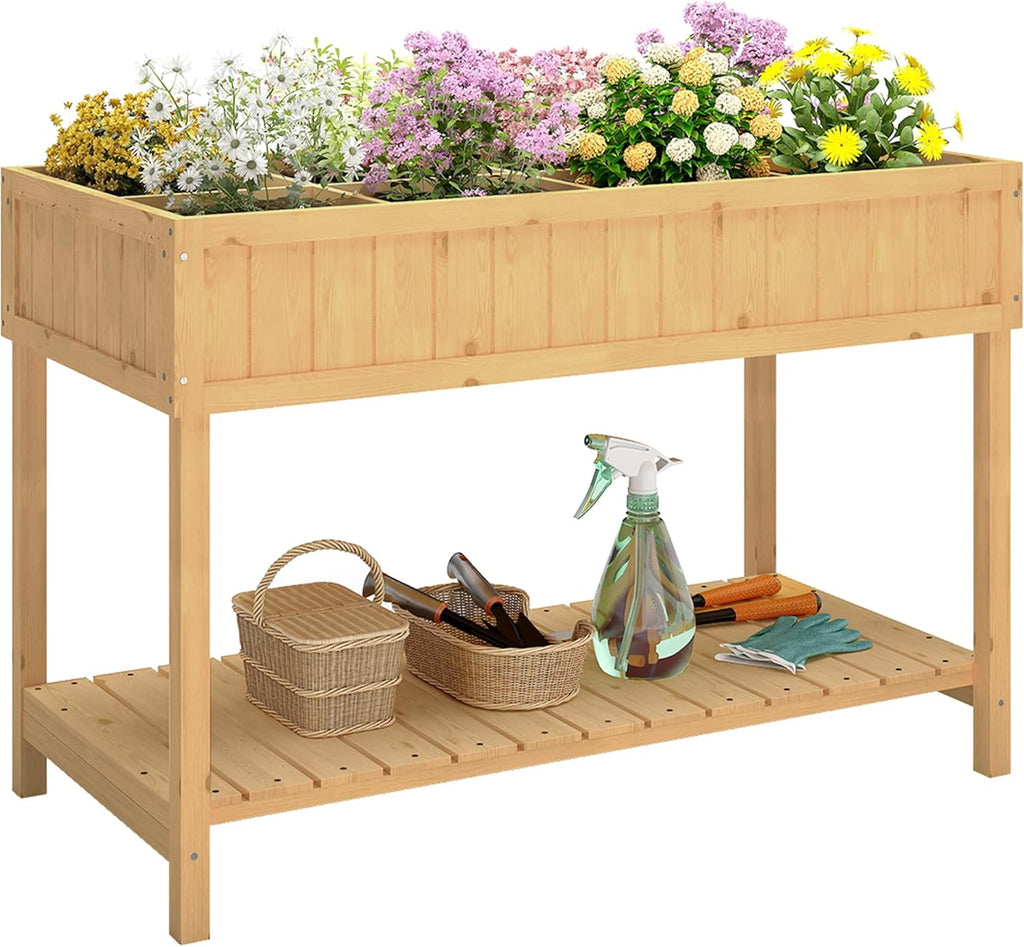 Outsunny 43x18x30in Raised Garden Bed with 8 Pockets and Shelf, Wooden Elevated Planter Box with Legs to Grow Herbs, Vegetables, and Flowers, Natural